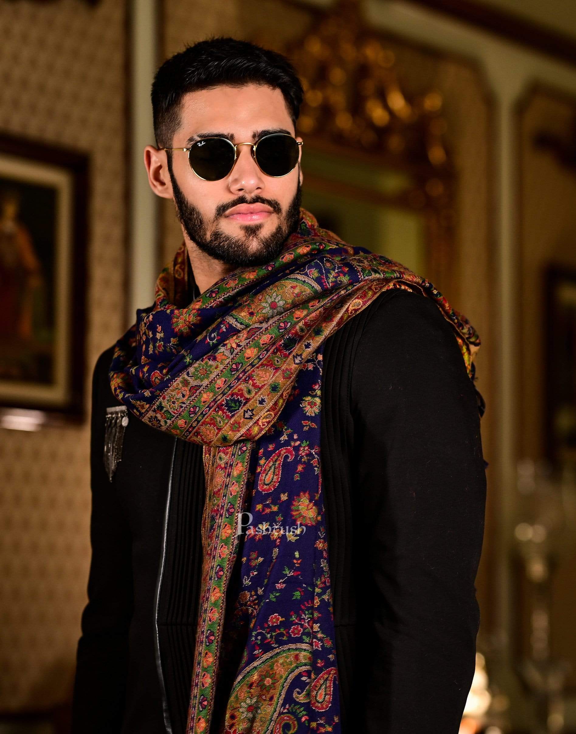 Pashtush India 100x200 Pashtush Mens Faux Pashmina Woven Design Ethnic Shawl, blue