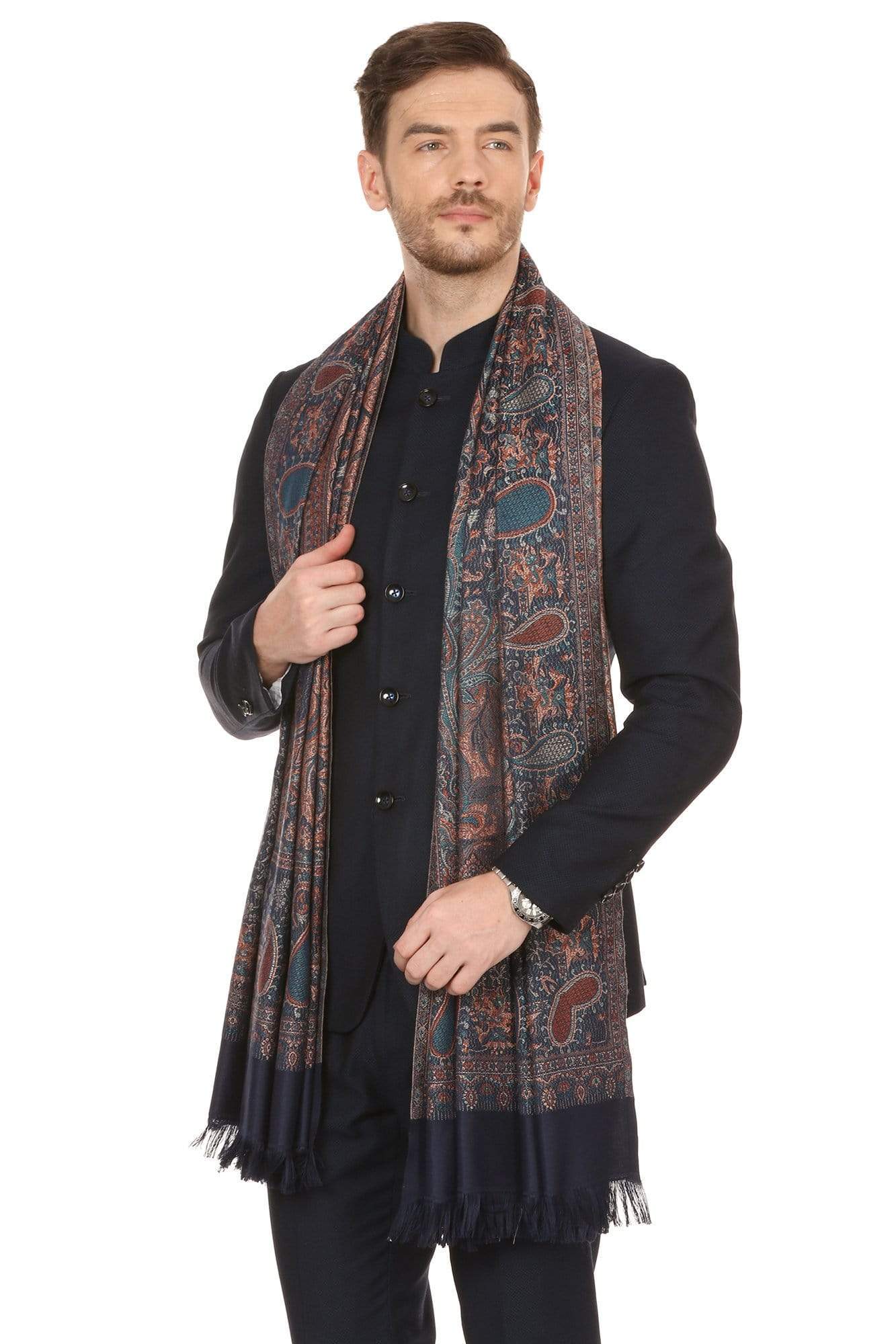Pashtush India 70x200 Pashtush Mens fine Soft Ethnic Stole Navy Blue