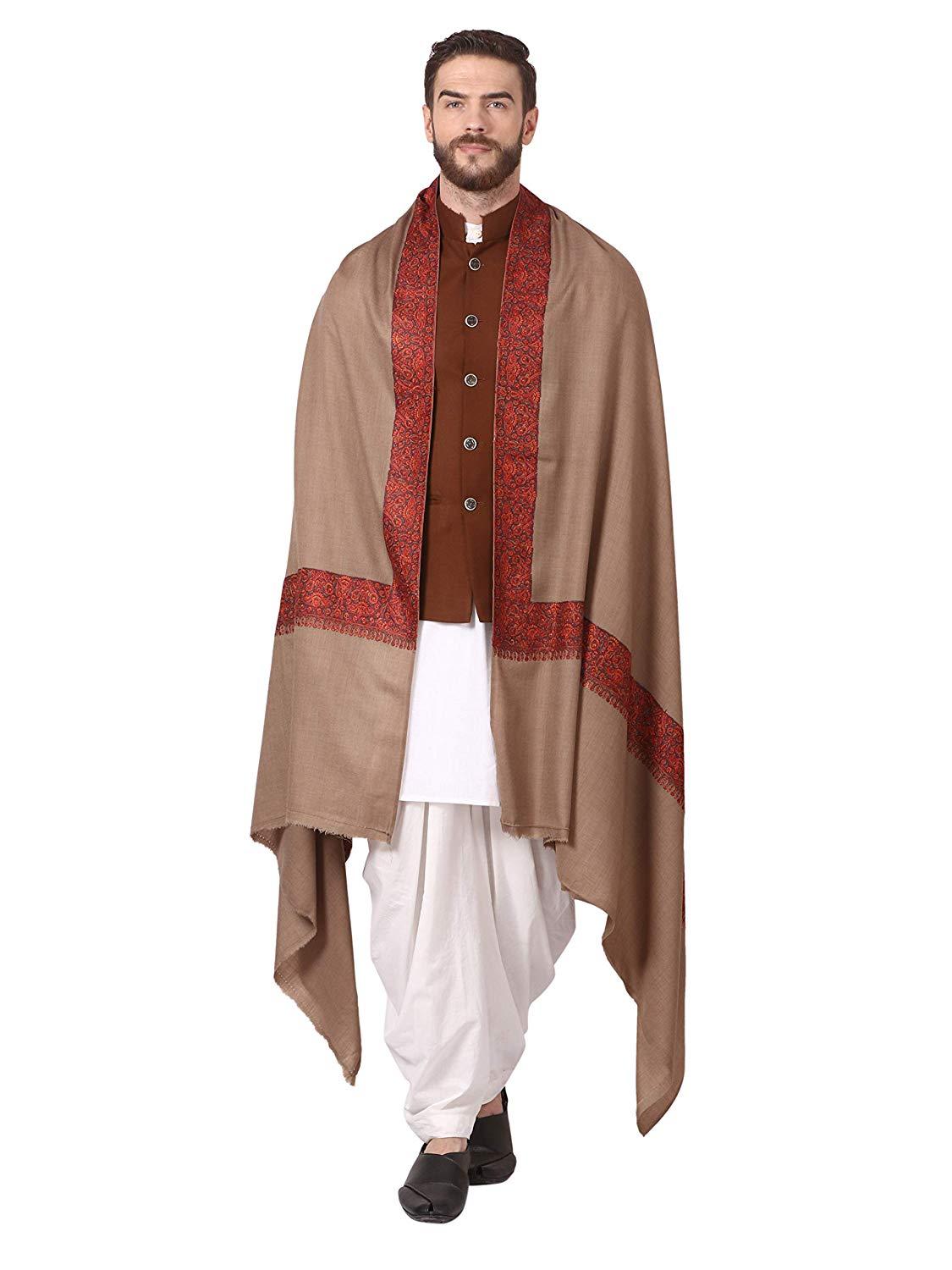 Pashtush Shawl Store Shawl Pashtush Mens Fine Wool Border Embroidery Shawl, Intricate Border Needlework Embroidery - Medium Size