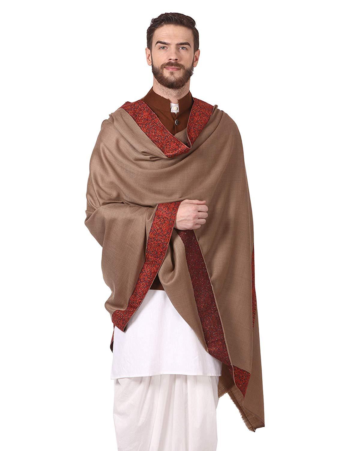 Pashtush Shawl Store Shawl Pashtush Mens Fine Wool Border Embroidery Shawl, Intricate Border Needlework Embroidery - Medium Size