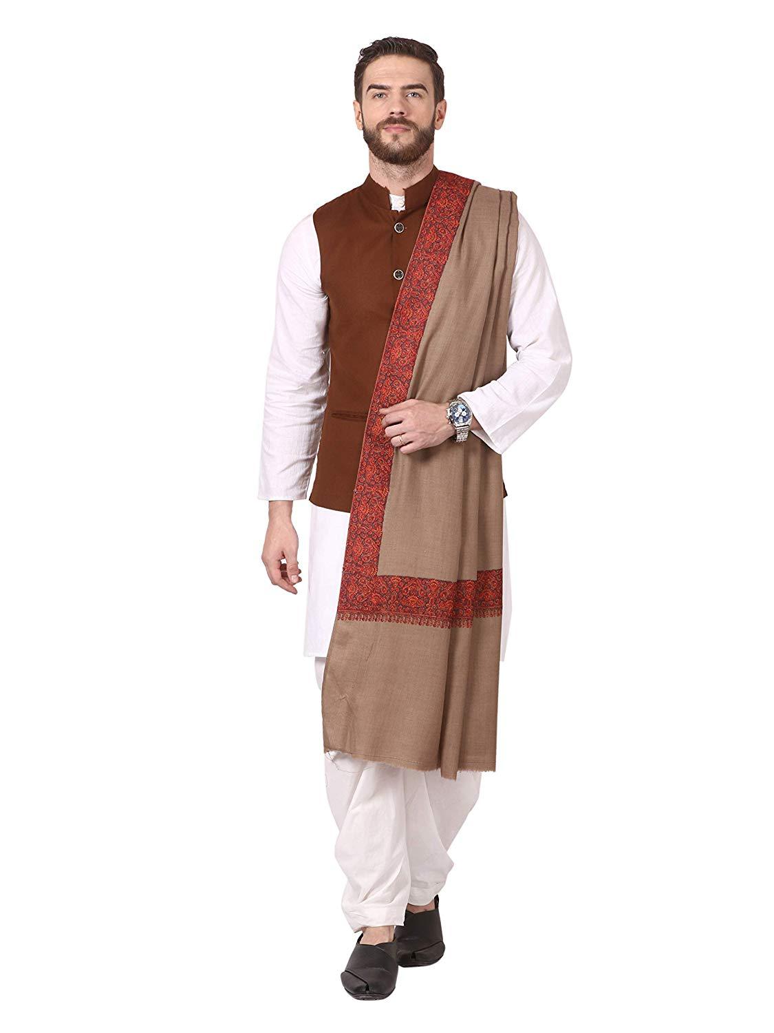 Pashtush Shawl Store Shawl Pashtush Mens Fine Wool Border Embroidery Shawl, Intricate Border Needlework Embroidery - Medium Size