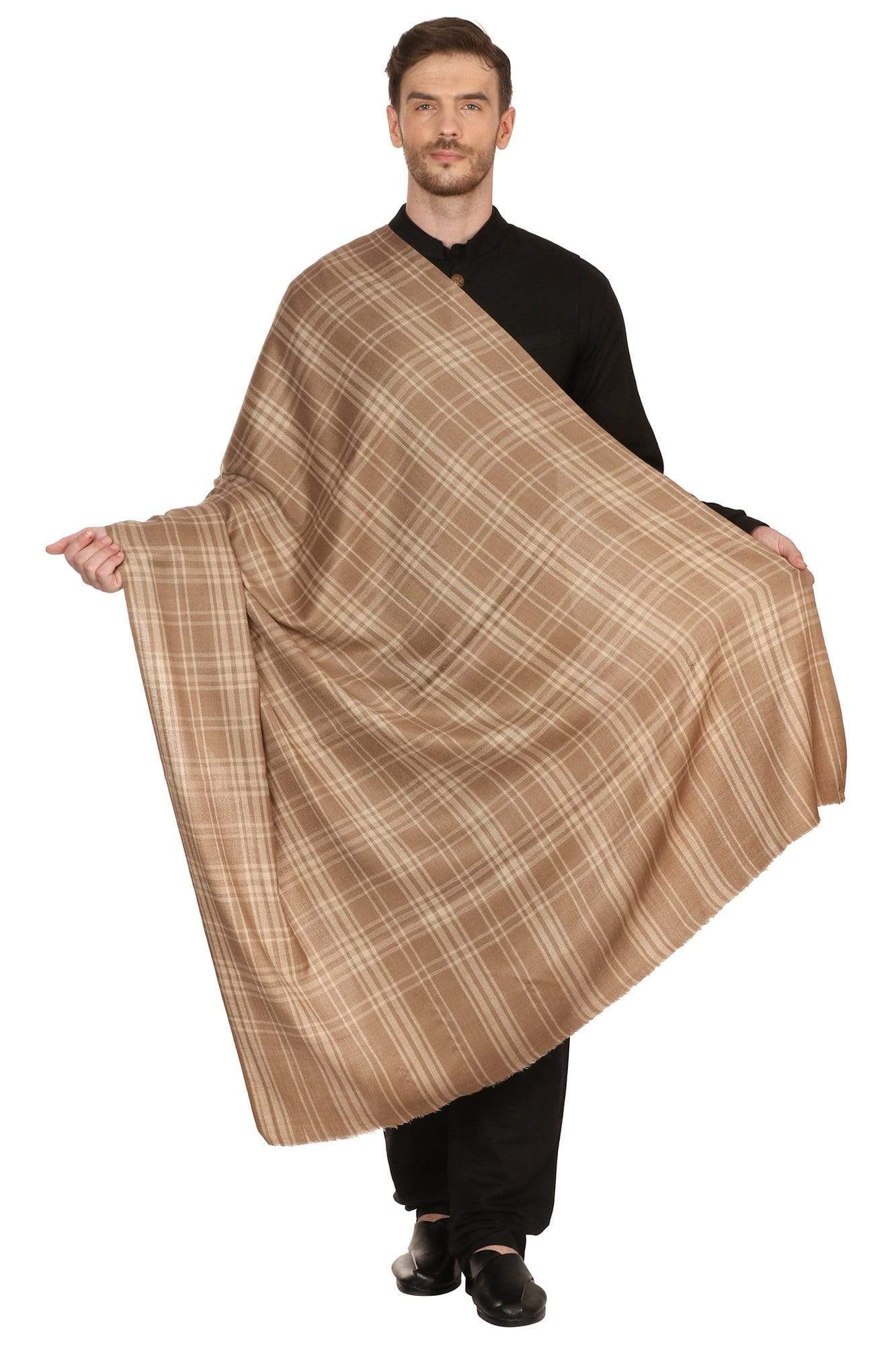 Pashtush India 114x228 Pashtush Mens Fine Wool Checkered Shawl, Extra Soft and Warm - Beige