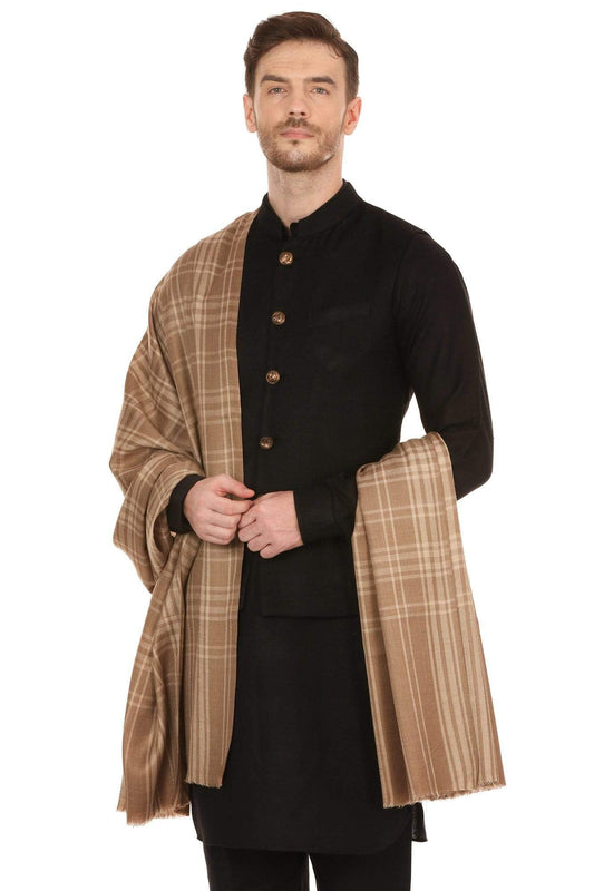 Pashtush India 114x228 Pashtush Mens Fine Wool Checkered Shawl, Extra Soft and Warm - Beige