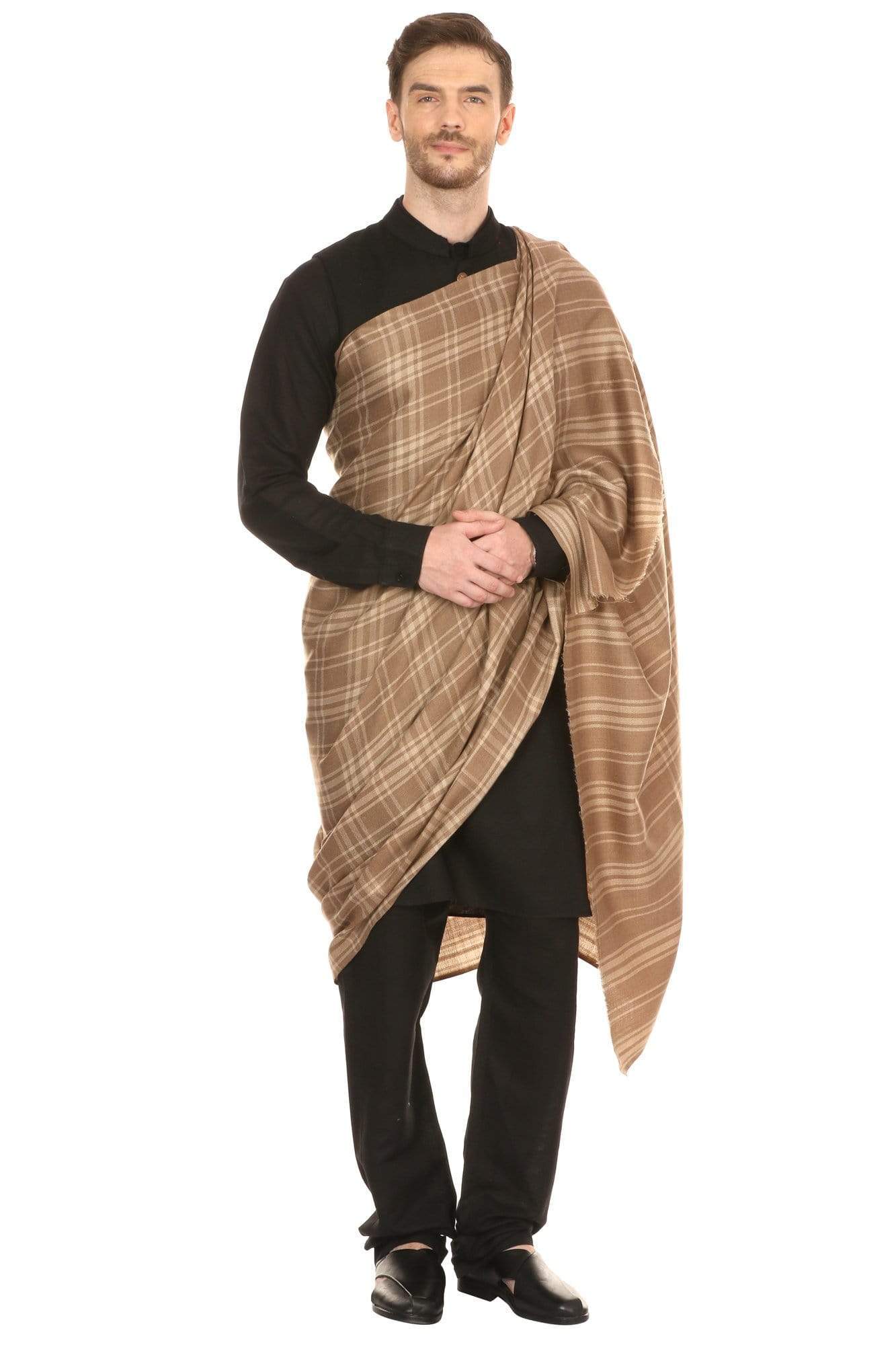 Pashtush India 114x228 Pashtush Mens Fine Wool Checkered Shawl, Extra Soft and Warm - Beige