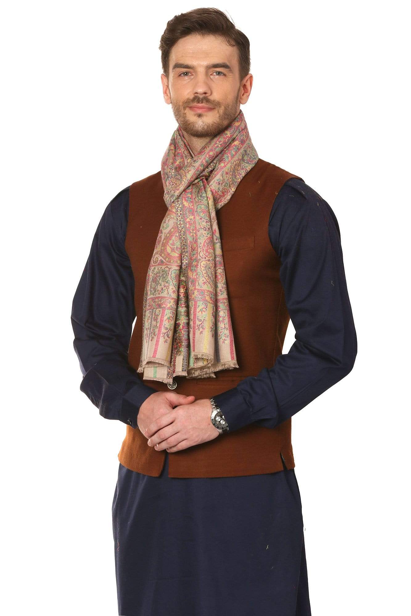 Pashtush Shawl Store Shawl Pashtush Mens Fine Wool Checkered Shawl, Extra Soft - Light Beige