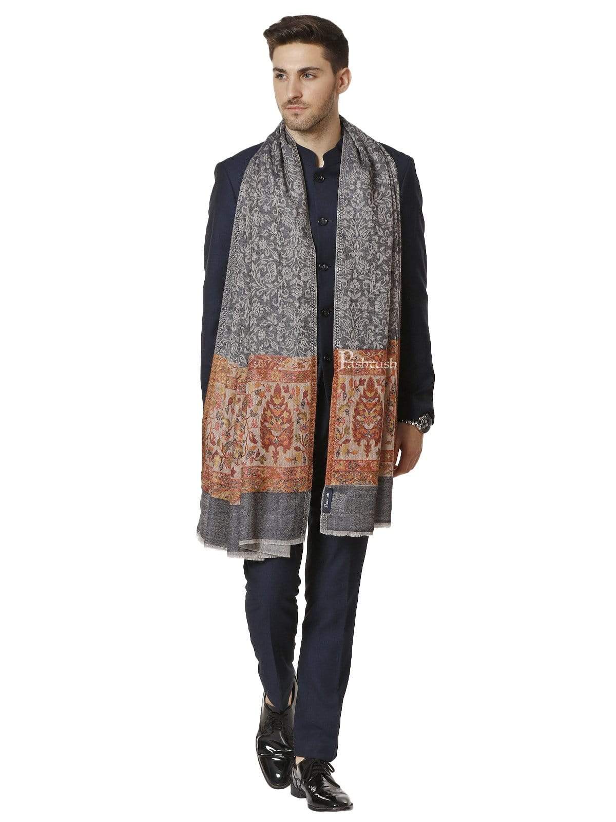Pashtush India 70x200 PASHTUSH MENS FINE WOOL ETHNIC STOLE, Grey