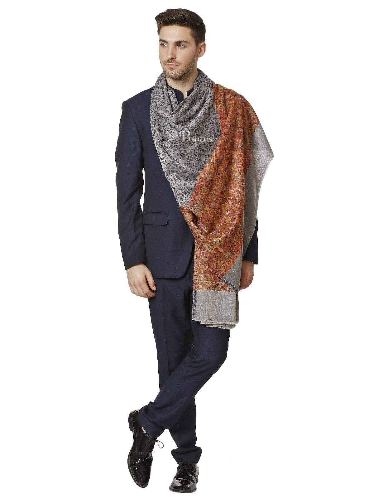 Pashtush India 70x200 PASHTUSH MENS FINE WOOL ETHNIC STOLE, Grey