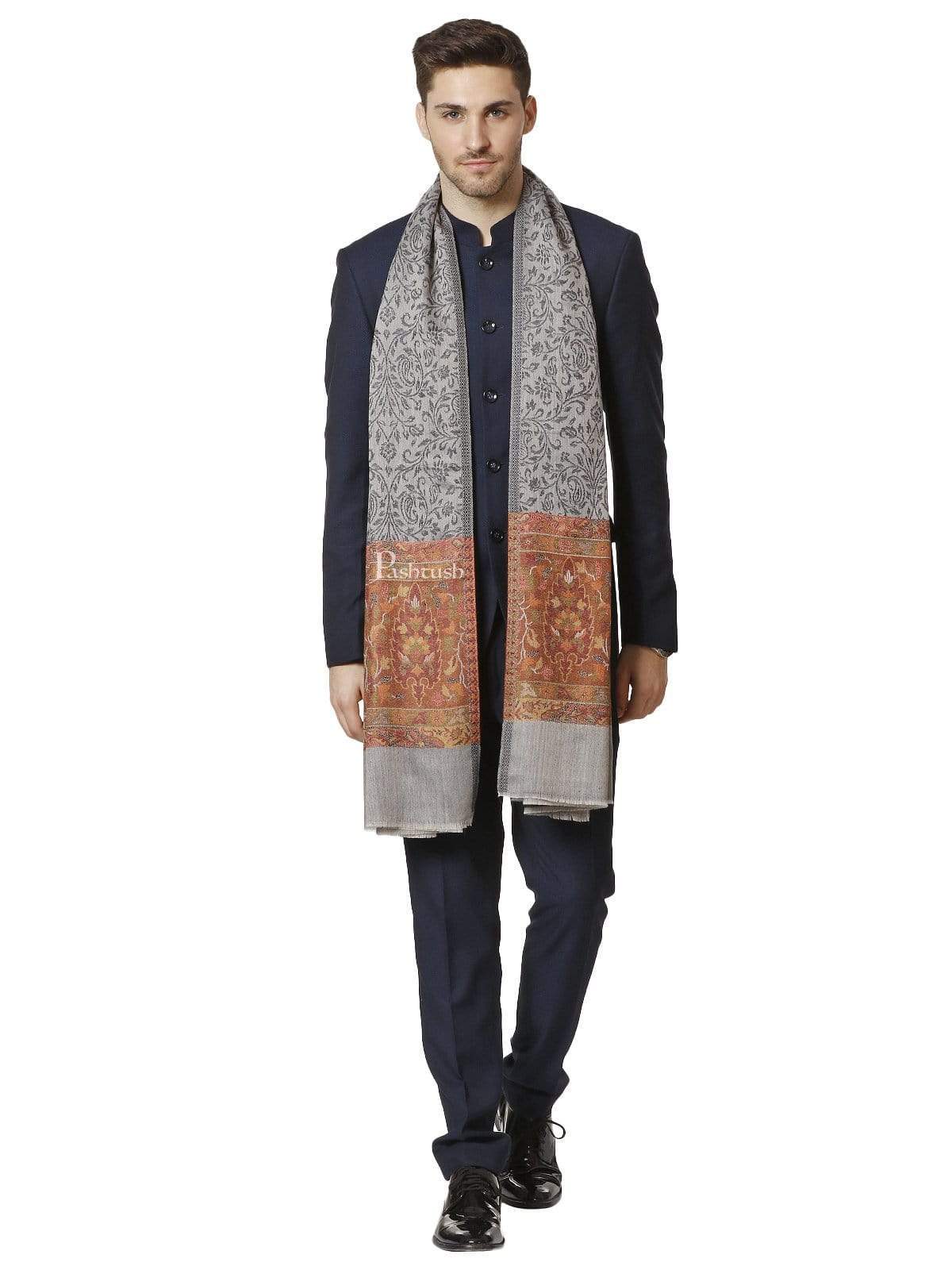 Pashtush India 70x200 PASHTUSH MENS FINE WOOL ETHNIC STOLE, Grey