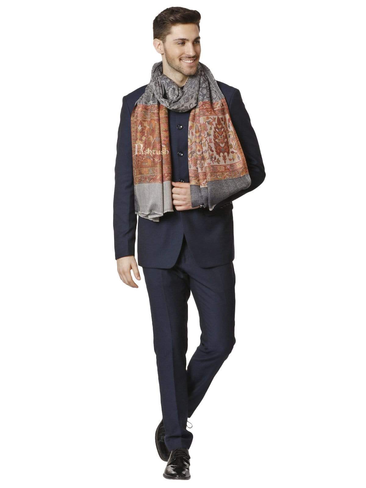Pashtush India 70x200 PASHTUSH MENS FINE WOOL ETHNIC STOLE, Grey