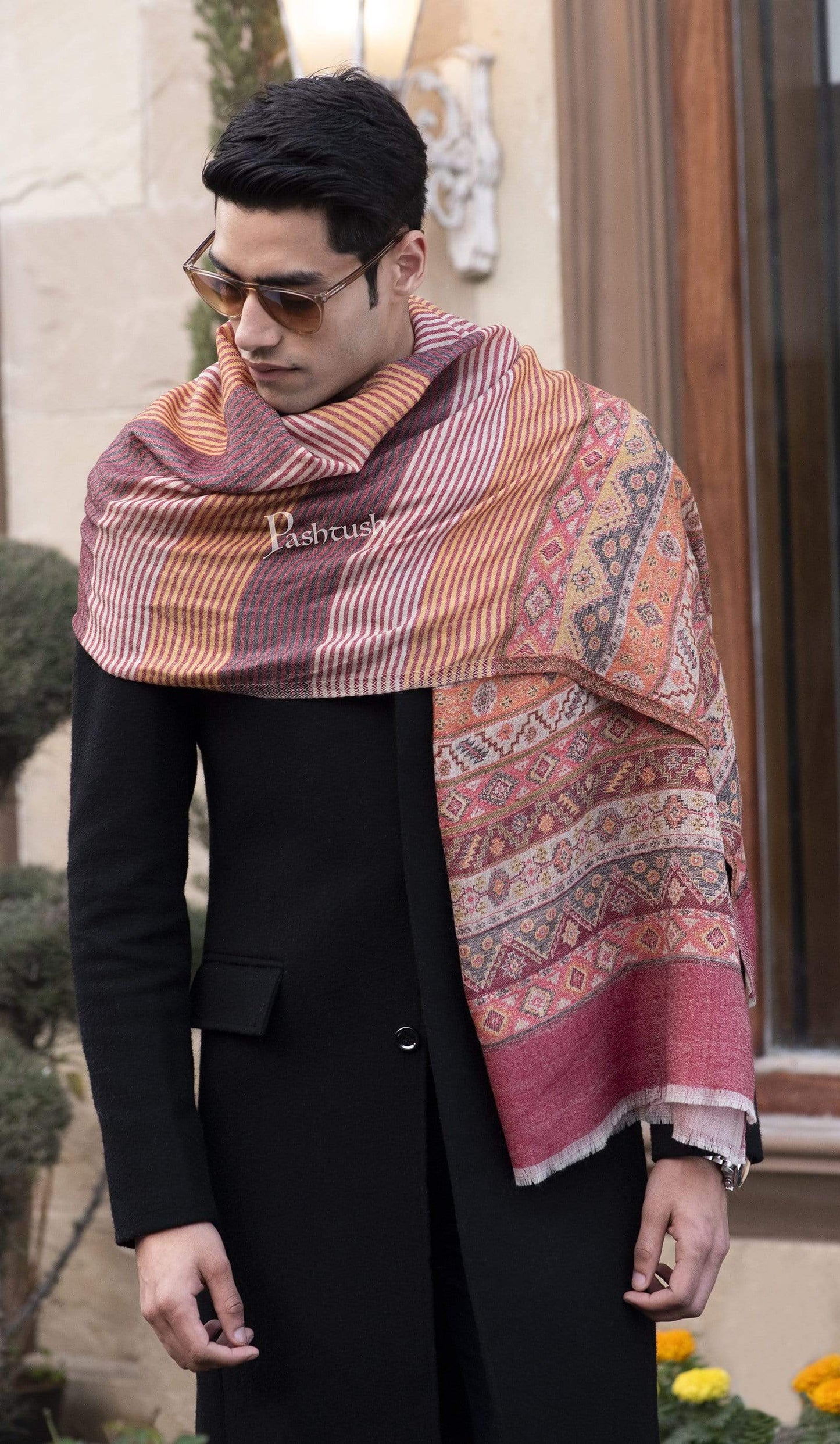 Pashtush India 70x200 Pashtush Mens Fine Wool Ethnic Stole, Salmon