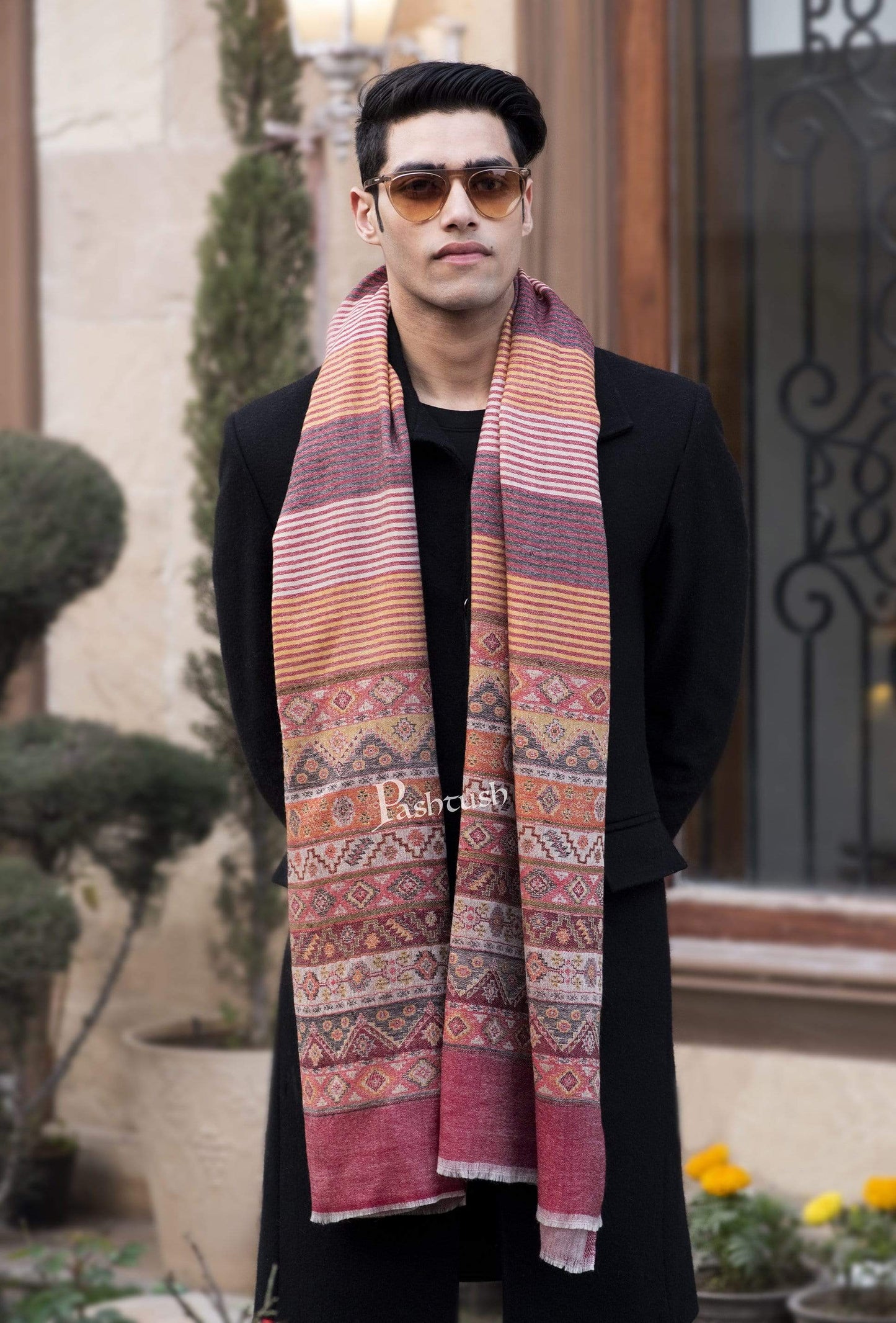 Pashtush India 70x200 Pashtush Mens Fine Wool Ethnic Stole, Salmon
