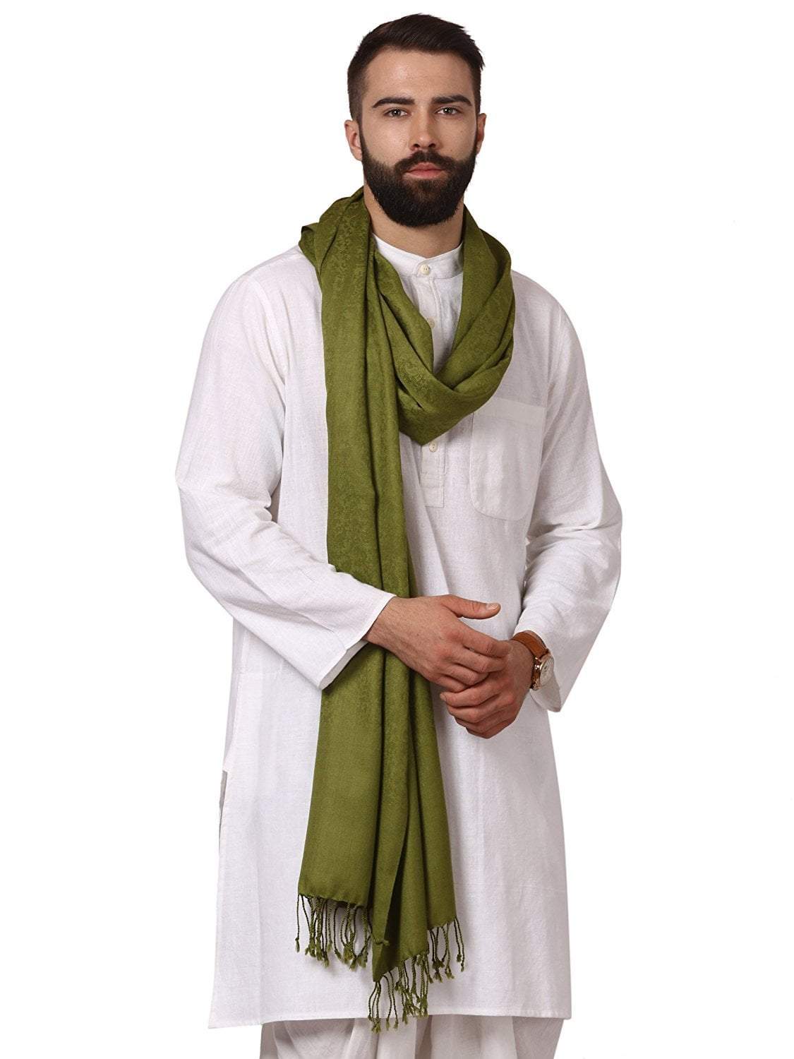 Pashtush India 70x200 Pashtush Mens Fine Wool Jacquard Muffler, Emerald Green