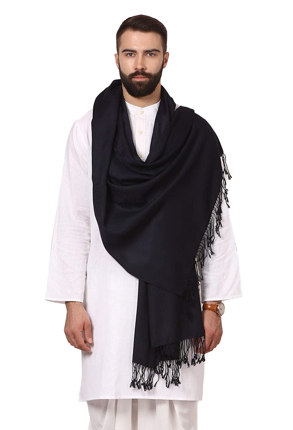Pashtush India Stole Pashtush Mens Fine Wool Jacquard Muffler, Navy Blue