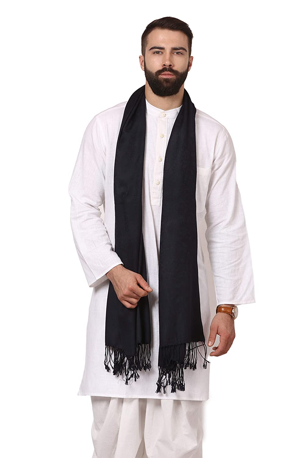 Pashtush India Stole Pashtush Mens Fine Wool Jacquard Muffler, Navy Blue