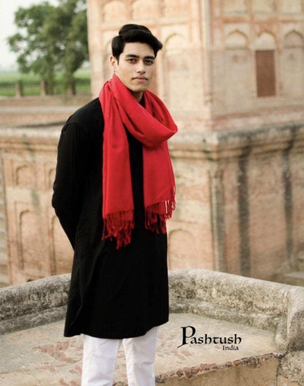 Pashtush India Stole Pashtush Mens Fine Wool Jacquard Muffler (Scarlet)