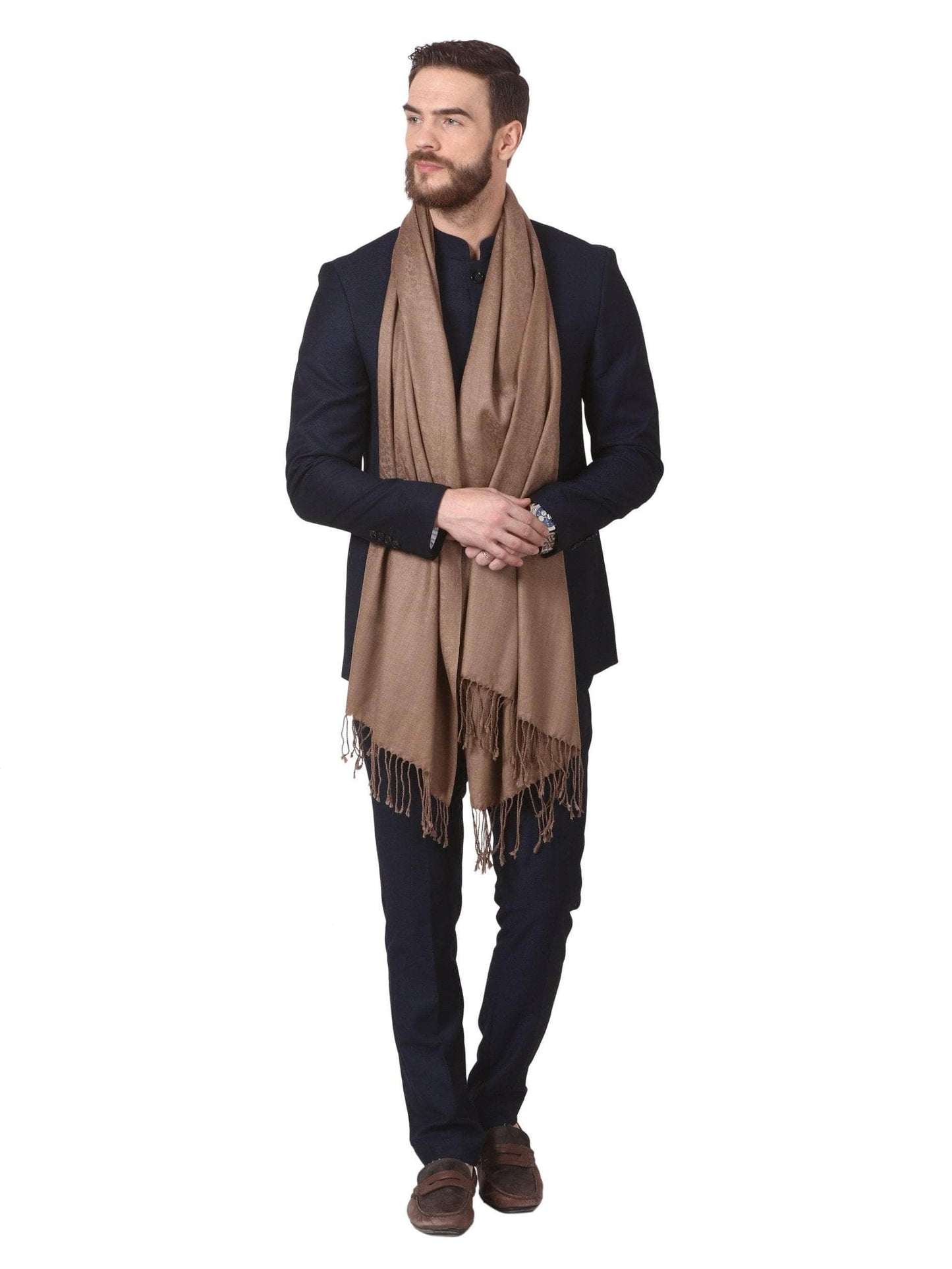 Pashtush India 70x200 Pashtush Mens Fine Wool Jacquard Muffler (Taupe Colour)