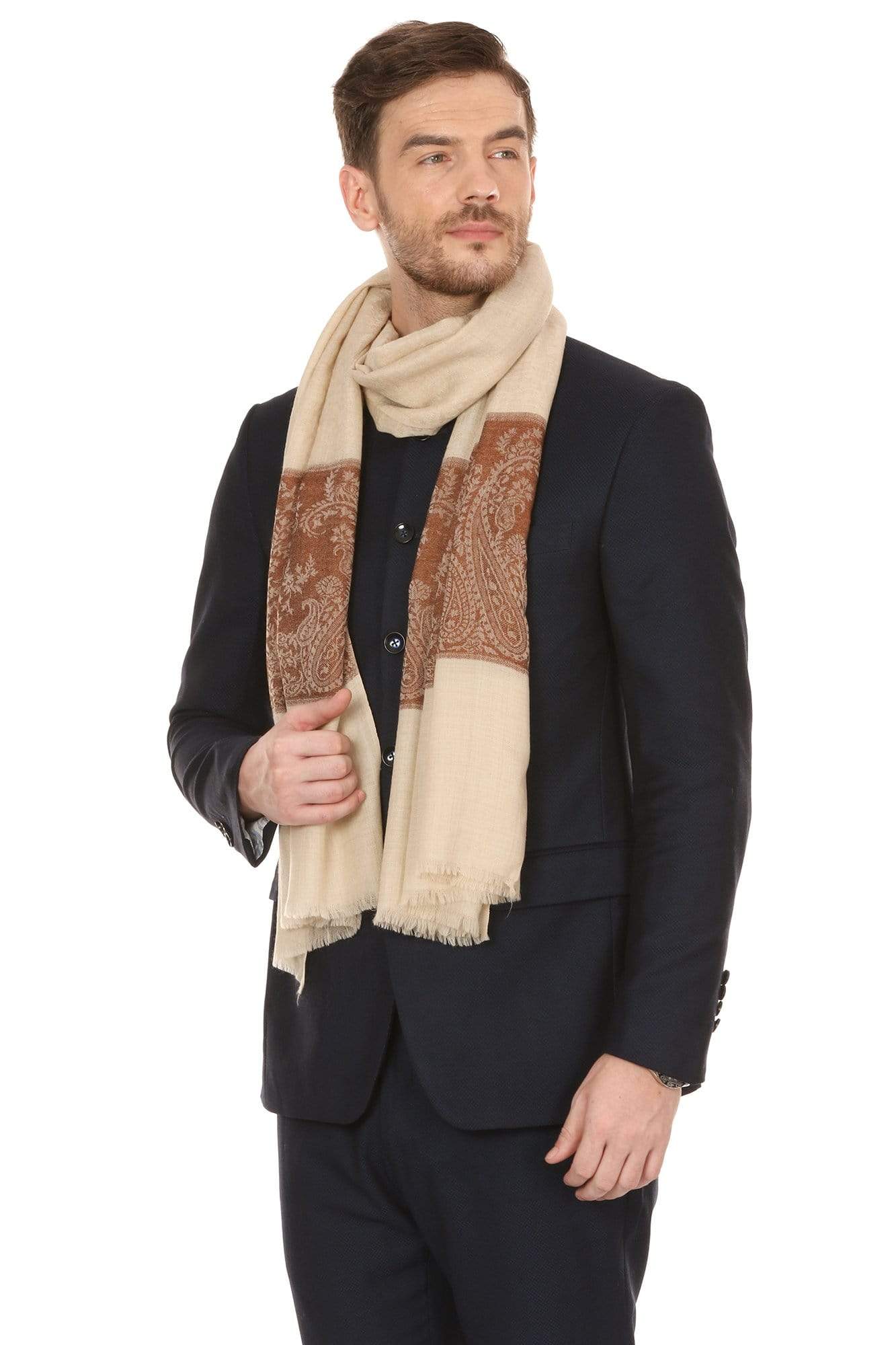 Pashtush Store Stole Pashtush Mens Fine Wool Jacquard Stole, Beige