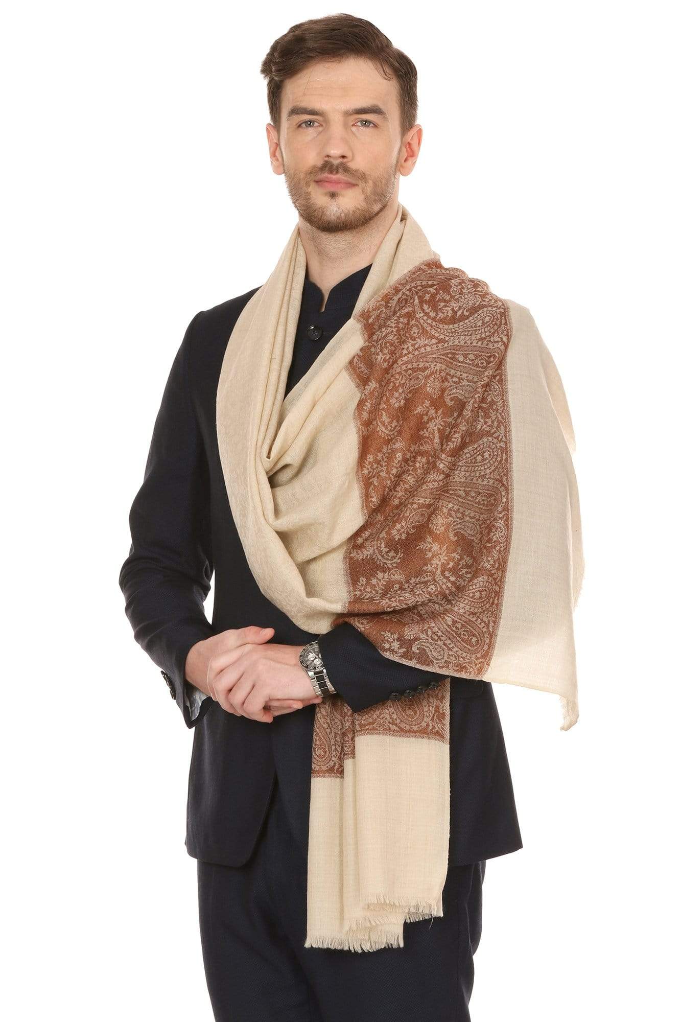 Pashtush Store Stole Pashtush Mens Fine Wool Jacquard Stole, Beige