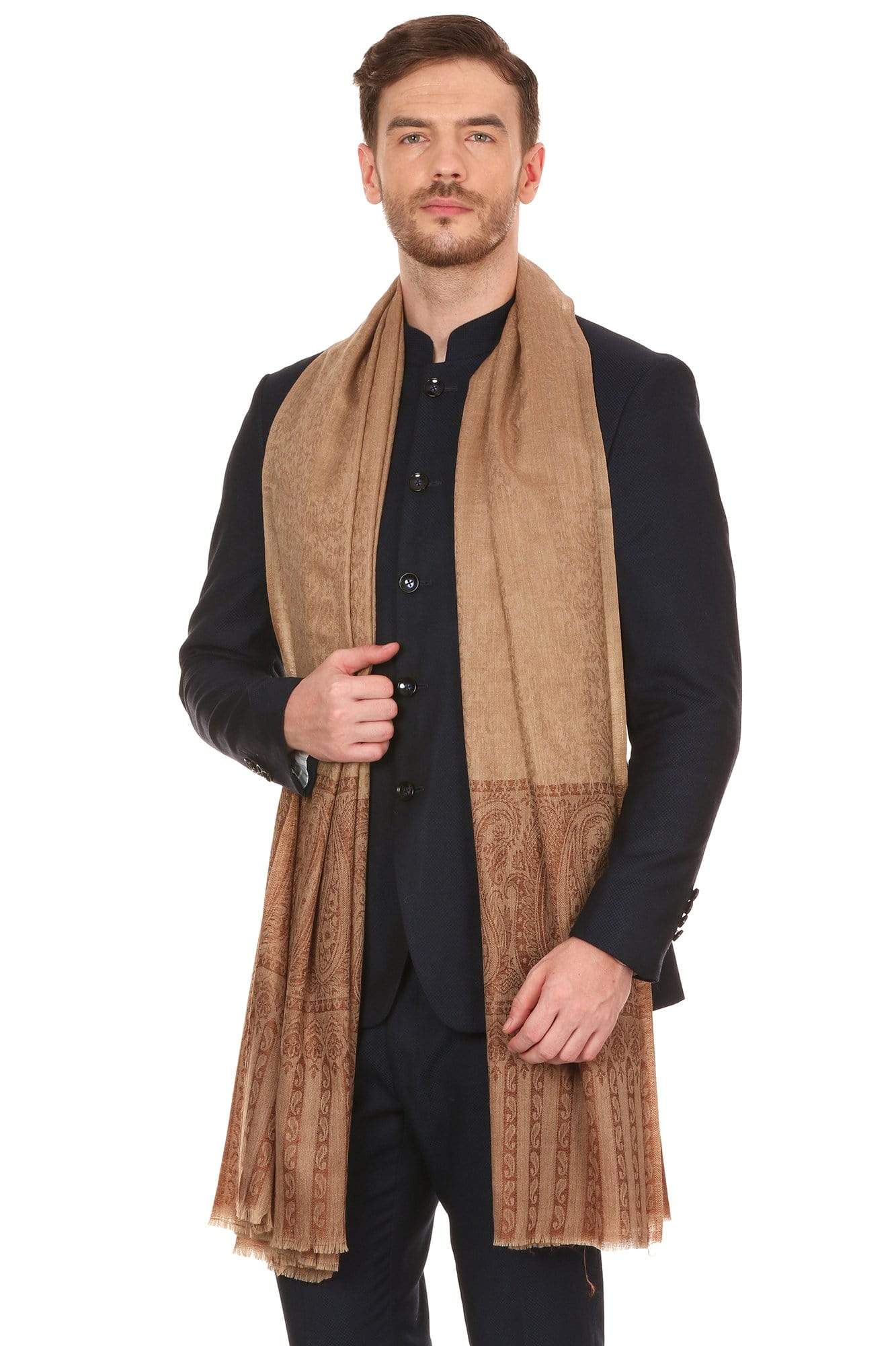 Pashtush Store Stole Pashtush Mens Fine Wool Jacquard Stole, Beige