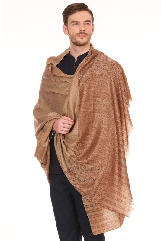 Pashtush Store Stole Pashtush Mens Fine Wool Jacquard Stole, Beige