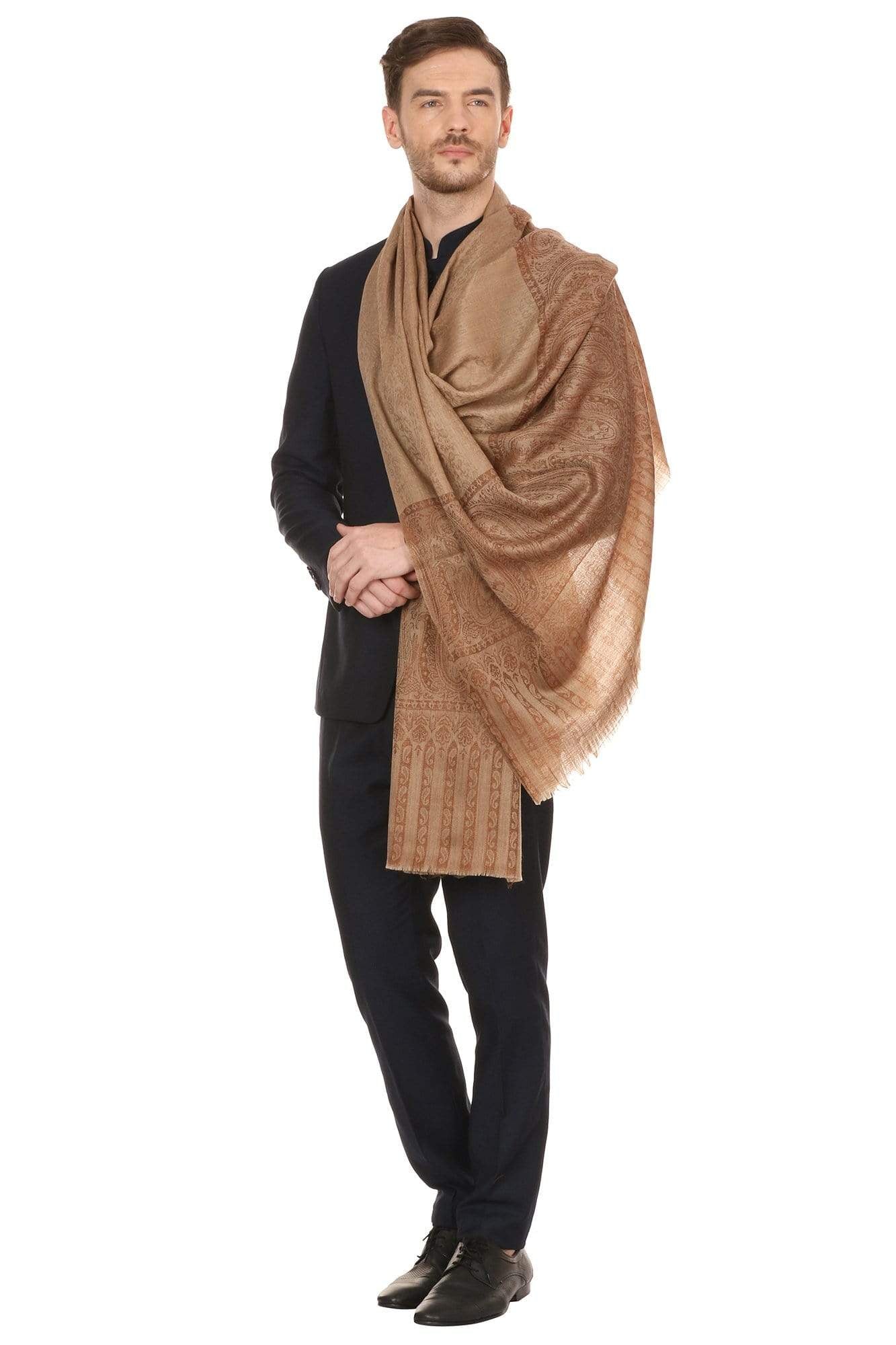 Pashtush Store Stole Pashtush Mens Fine Wool Jacquard Stole, Beige