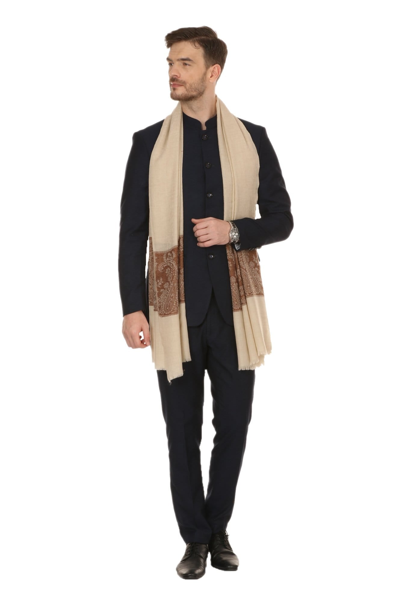 Pashtush Store Stole Pashtush Mens Fine Wool Jacquard Stole, Beige