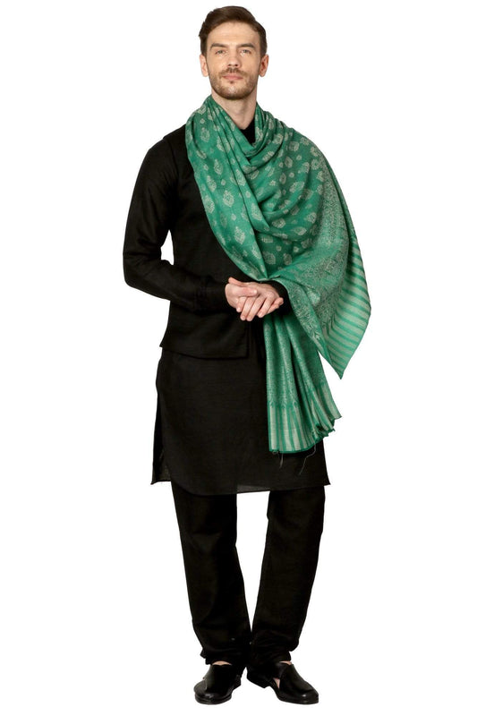 Pashtush India 100x200 Pashtush Mens Fine Wool Jacquard Stole, Bottle Green