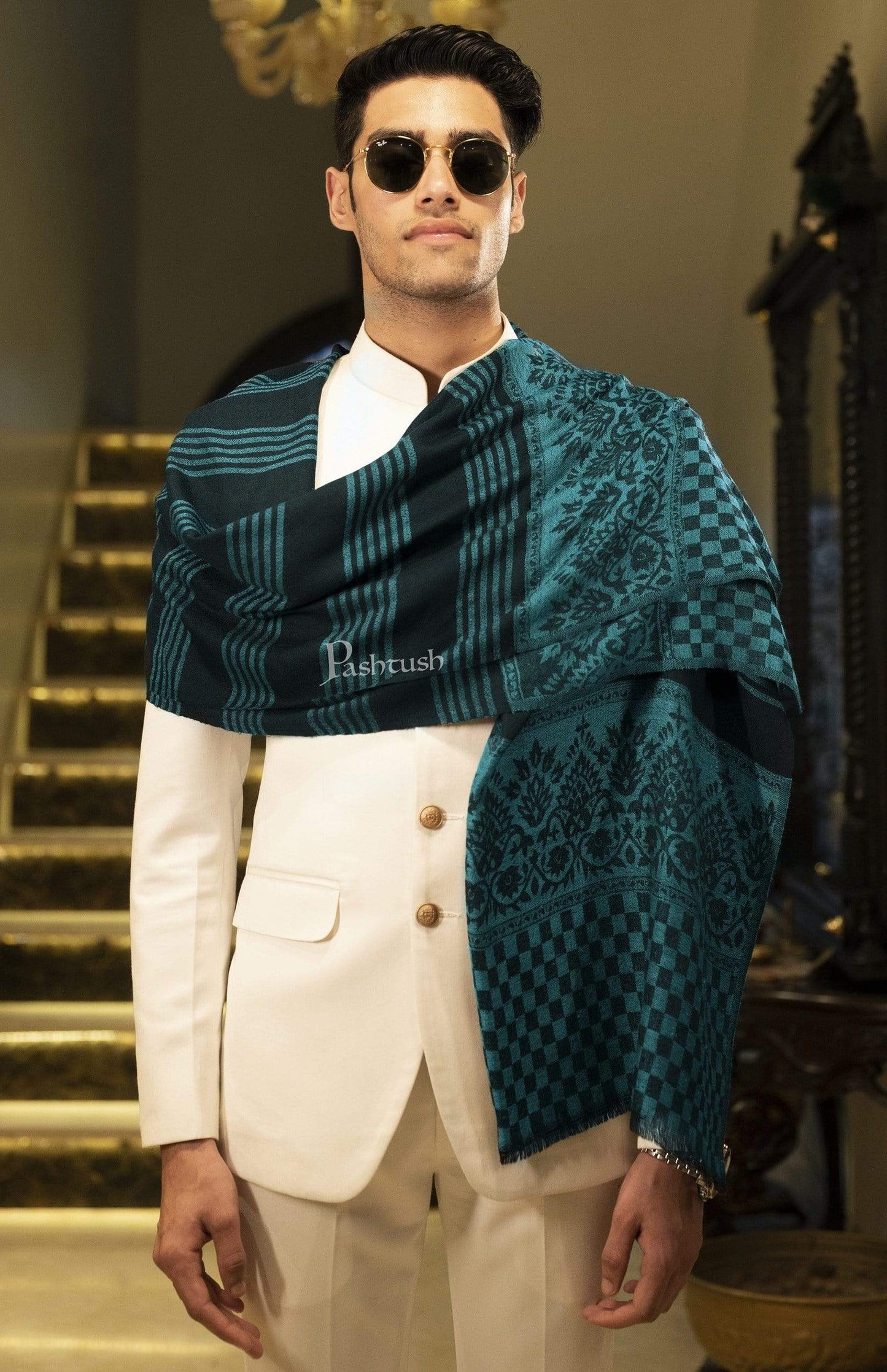 Pashtush India 70x200 Pashtush Mens Fine Wool Stole, Tuscan Sun, Aqua Blue