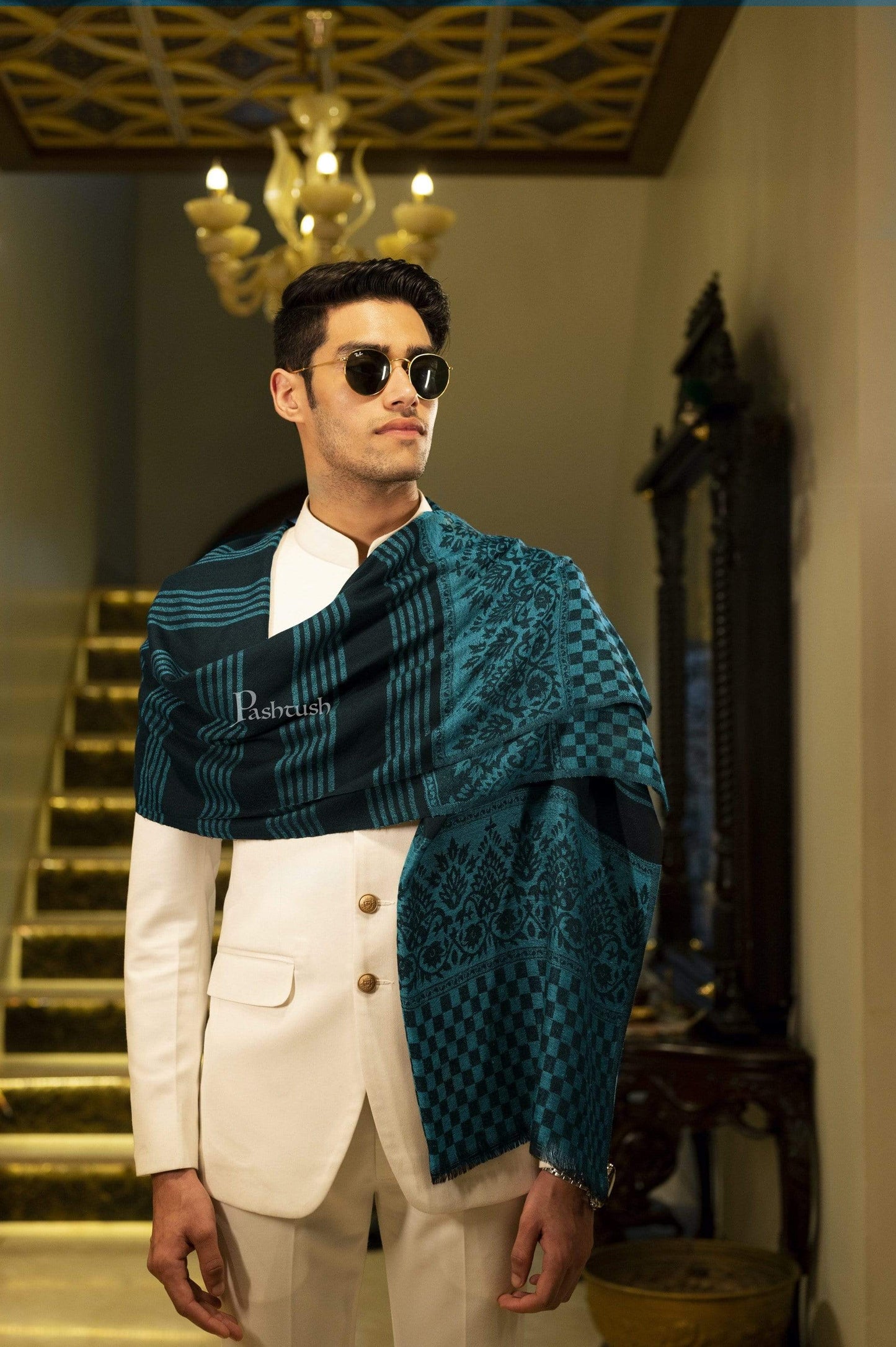 Pashtush India 70x200 Pashtush Mens Fine Wool Stole, Tuscan Sun, Aqua Blue