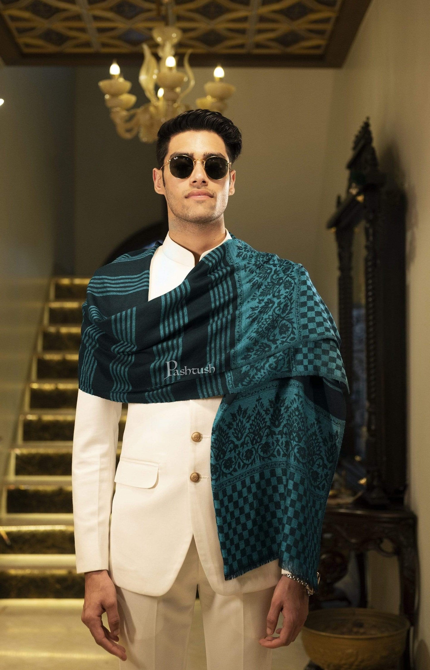Pashtush India 70x200 Pashtush Mens Fine Wool Stole, Tuscan Sun, Aqua Blue