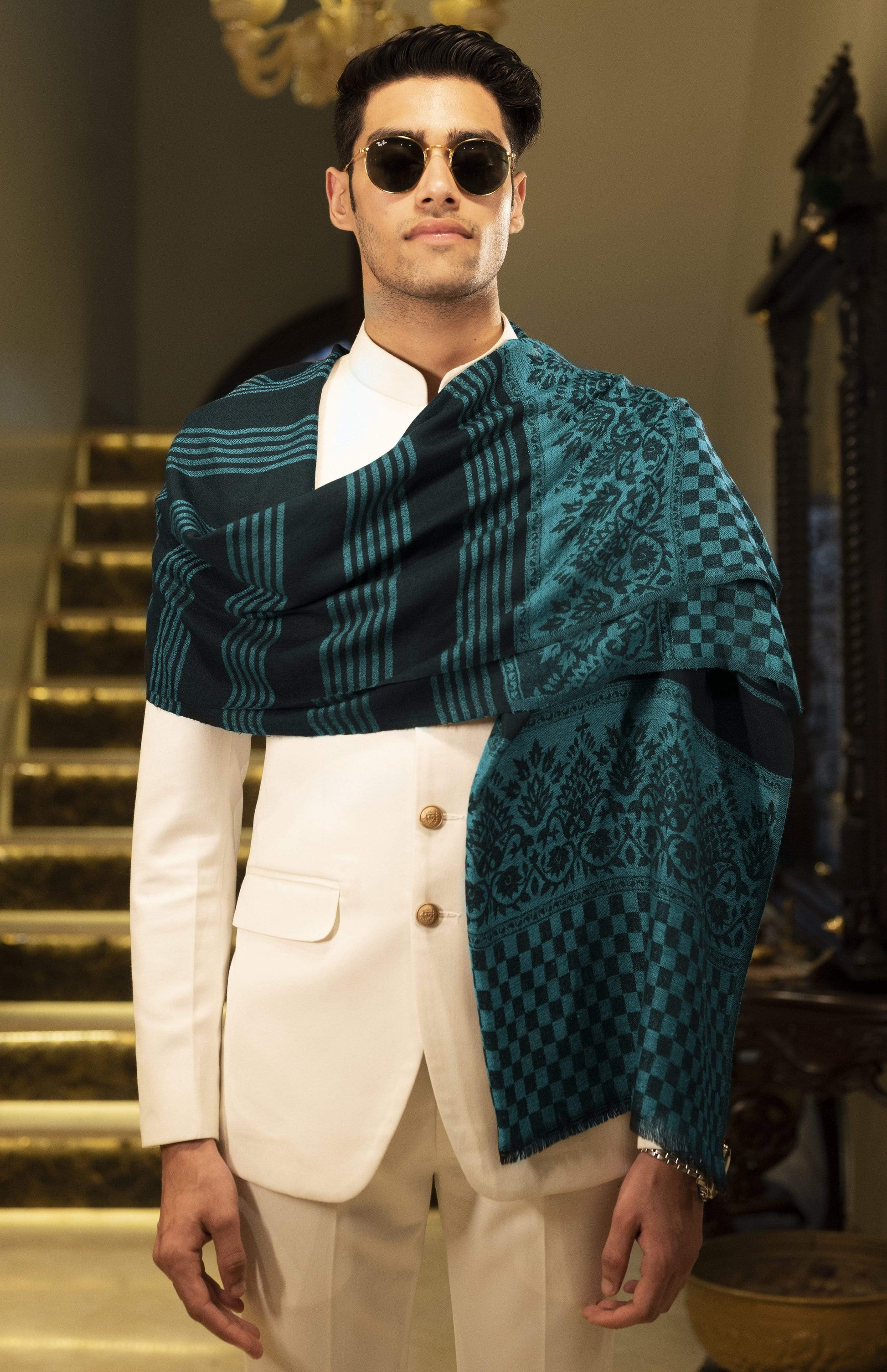 Pashtush India 70x200 Pashtush Mens Fine Wool Stole, Tuscan Sun, Aqua Blue