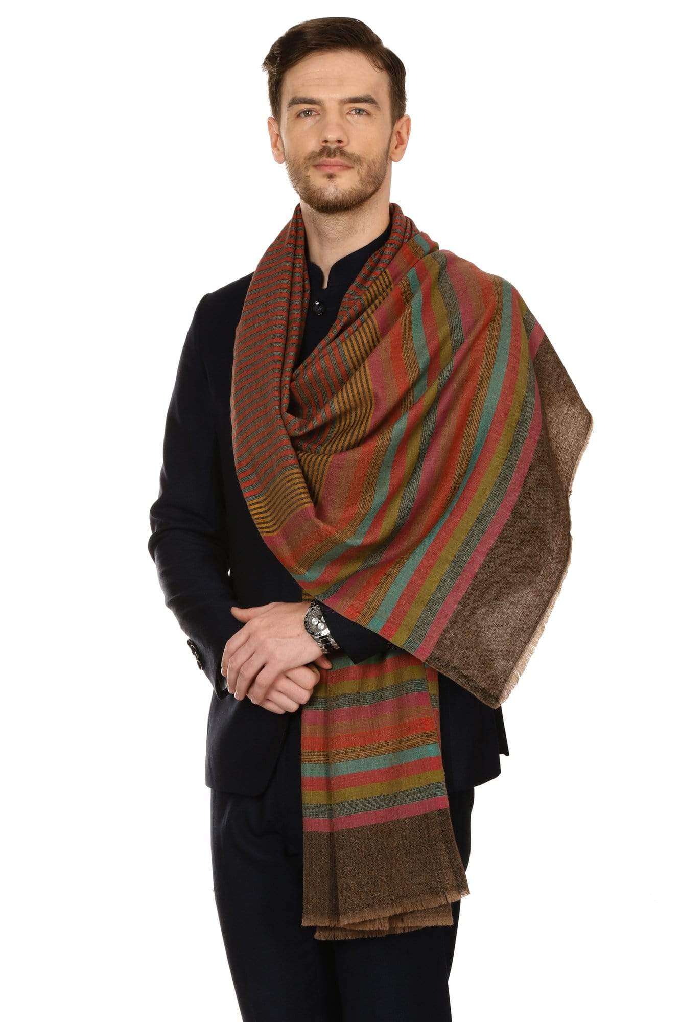 Pashtush India 70x200 Pashtush Mens Fine Wool Striped Muffler, Soft and Warm Stole Scarf