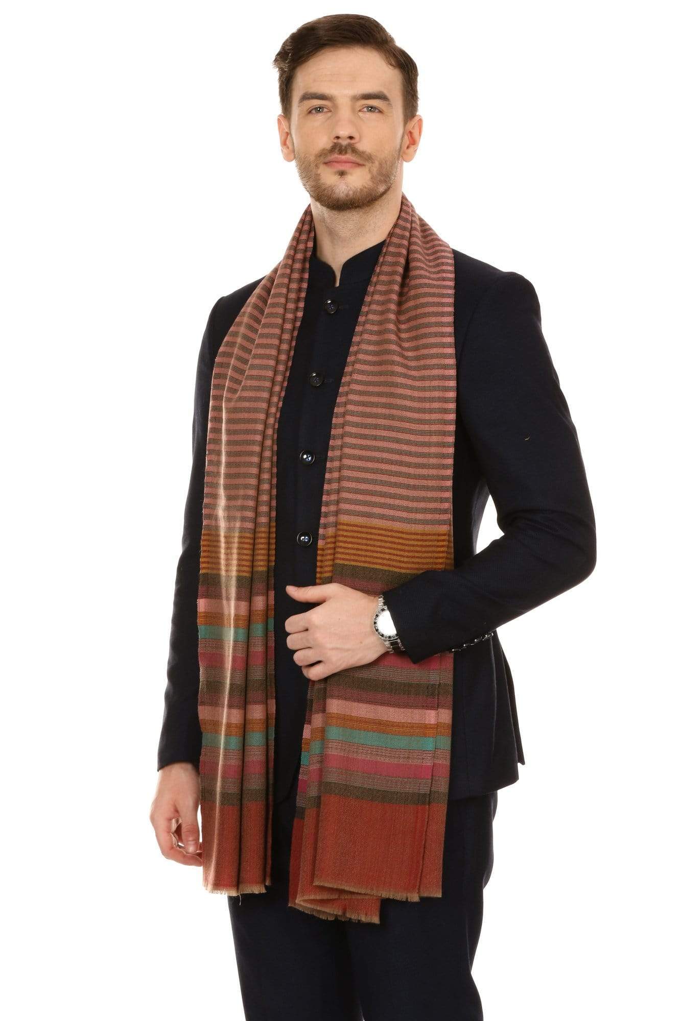 Pashtush India 70x200 Pashtush Mens Fine Wool Striped Muffler, Soft and Warm Stole Scarf