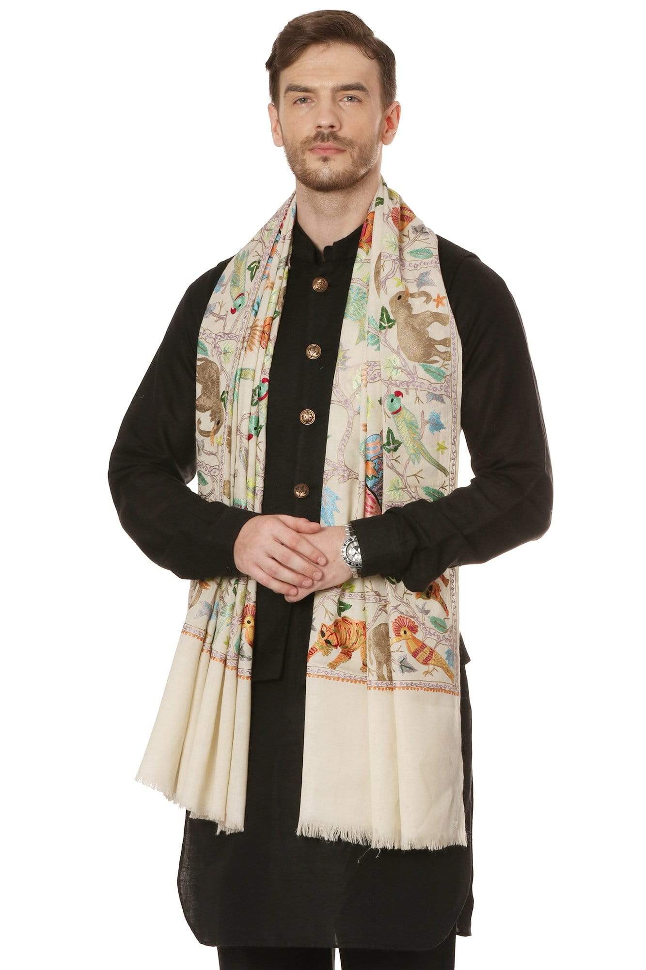 Pashtush India Stole Pashtush Mens Hand Embroidered Stole, 100% Pure Wool