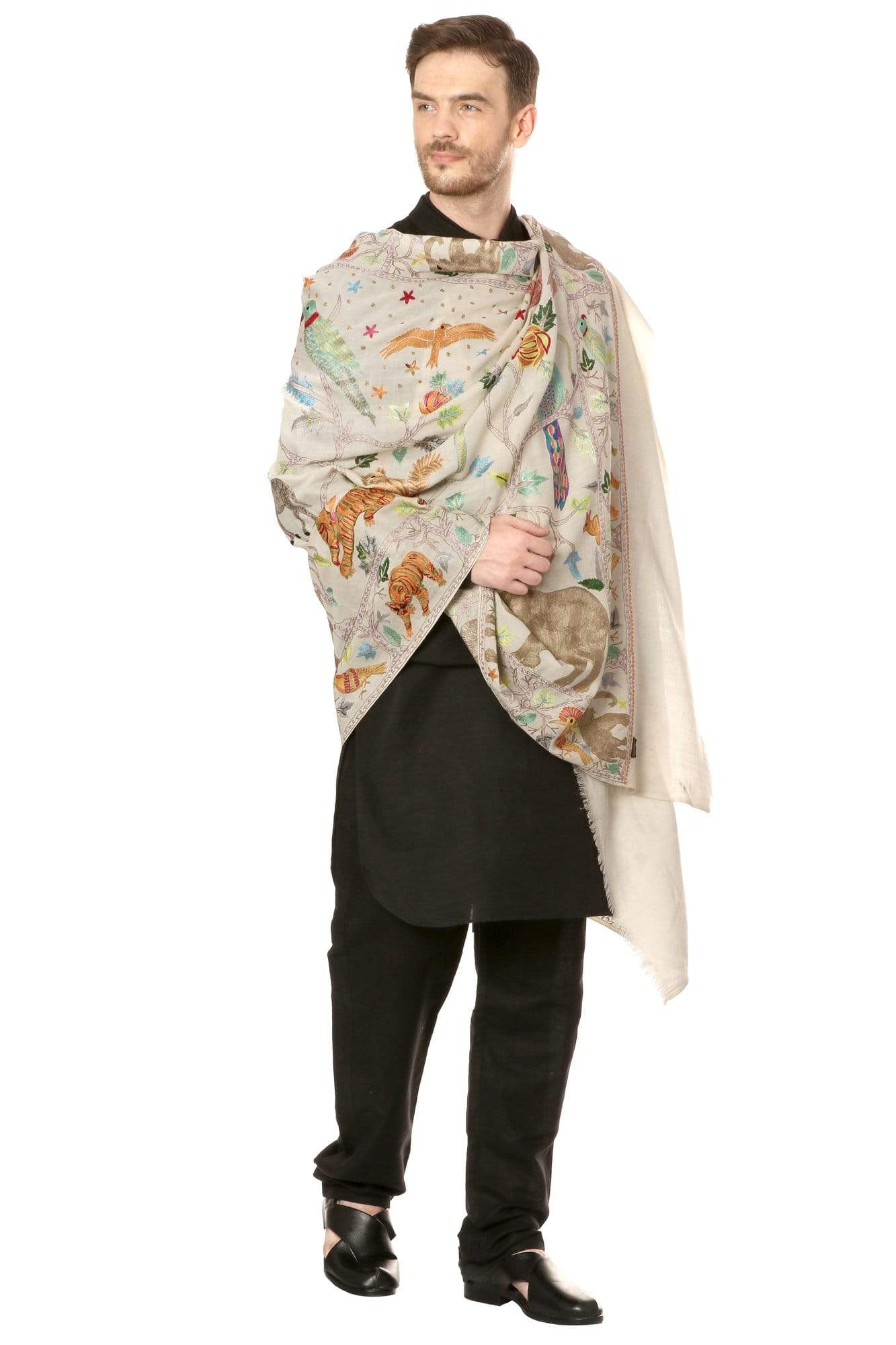 Pashtush India Stole Pashtush Mens Hand Embroidered Stole, 100% Pure Wool