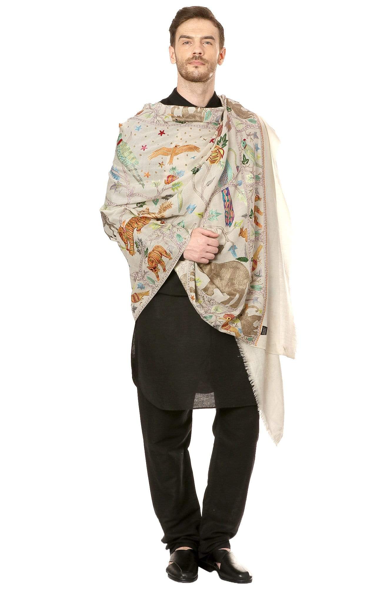 Pashtush India Stole Pashtush Mens Hand Embroidered Stole, 100% Pure Wool