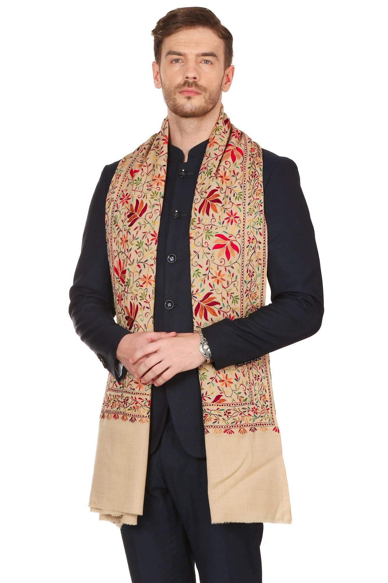 Pashtush India Stole Mens Hand Embroidered Stole, Ethnic Wrap, 100% Pure Wool