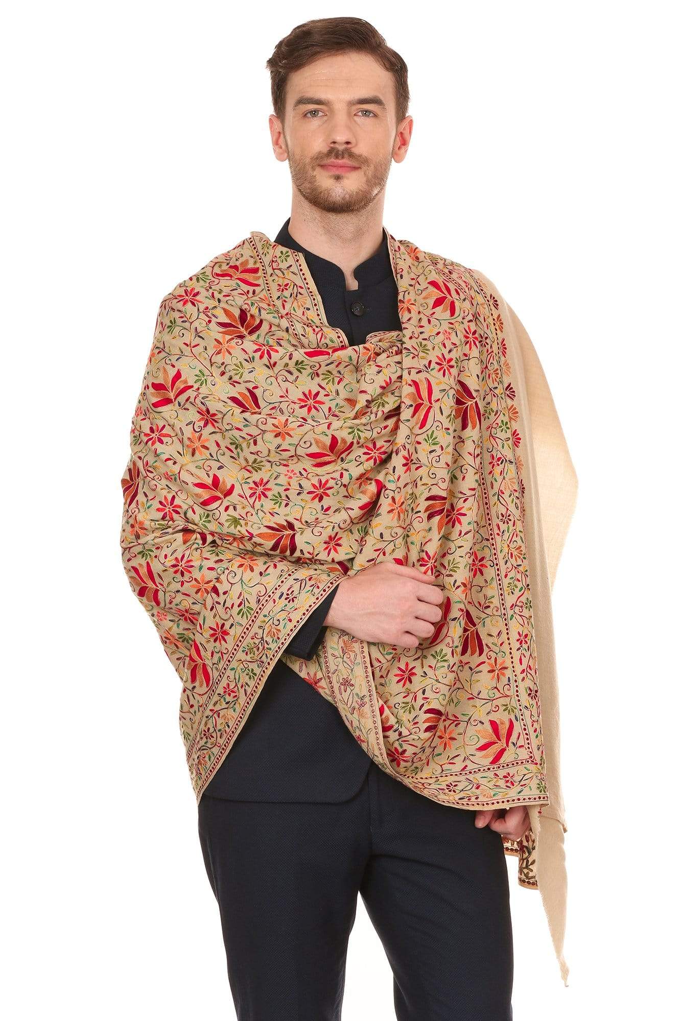 Pashtush India Stole Mens Hand Embroidered Stole, Ethnic Wrap, 100% Pure Wool