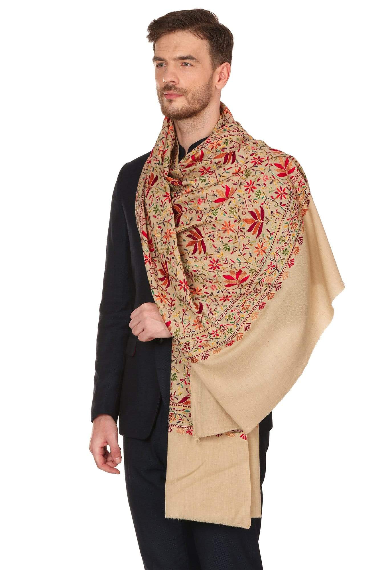 Pashtush India Stole Mens Hand Embroidered Stole, Ethnic Wrap, 100% Pure Wool