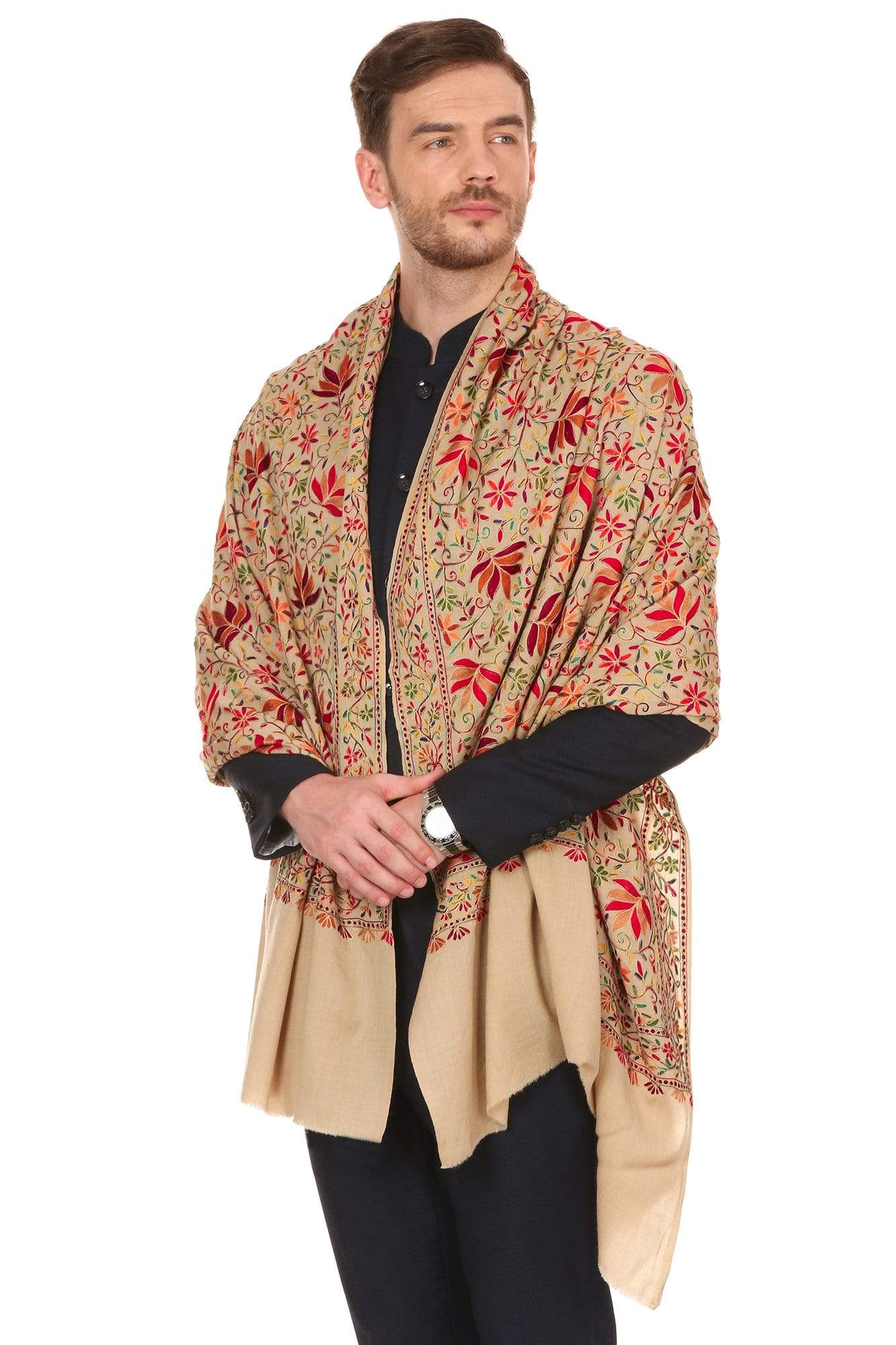 Pashtush India Stole Mens Hand Embroidered Stole, Ethnic Wrap, 100% Pure Wool