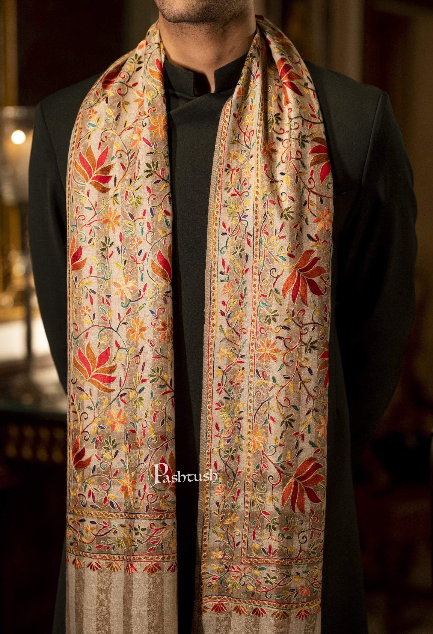 Pashtush India 70x200 Pashtush Mens Hand Embroidery Nalki Stole, Multicoloured