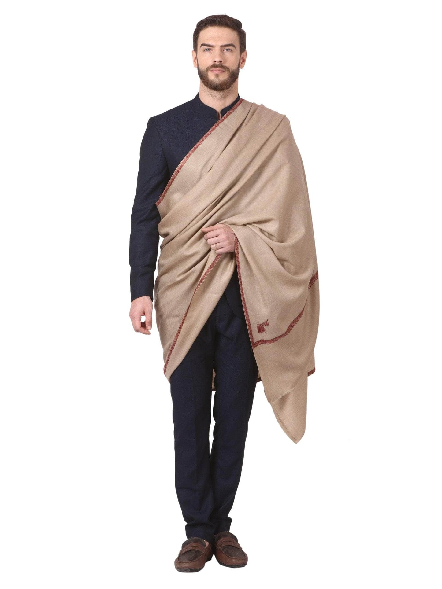 Pashtush India 127x254 Pashtush Mens Hand Embroidery Shawl, Woollen Shawl with Kashmiri Kingri Design Embroidery Full Size (Beige)