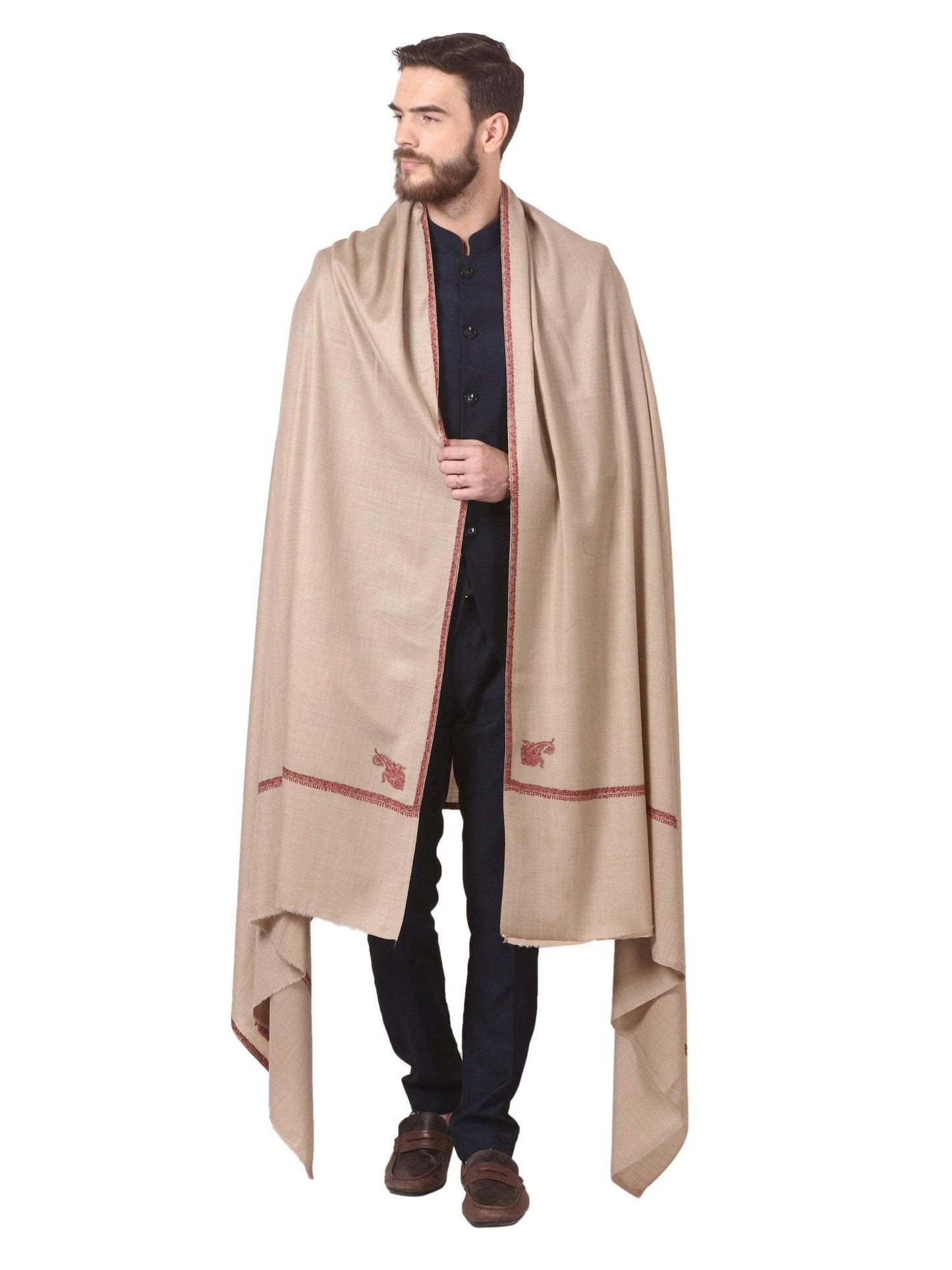 Pashtush India 127x254 Pashtush Mens Hand Embroidery Shawl, Woollen Shawl with Kashmiri Kingri Design Embroidery Full Size (Beige)
