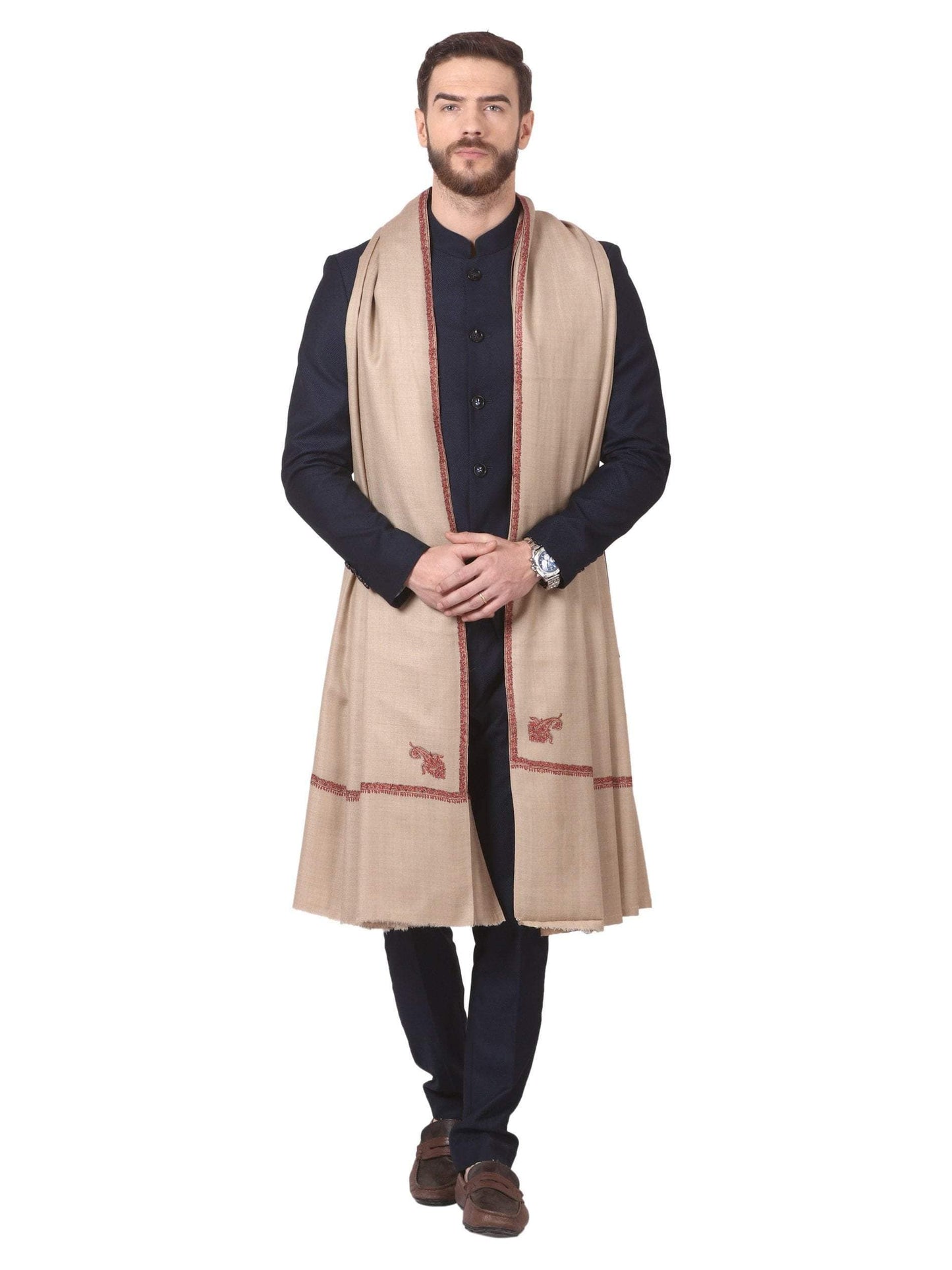 Pashtush India 127x254 Pashtush Mens Hand Embroidery Shawl, Woollen Shawl with Kashmiri Kingri Design Embroidery Full Size (Beige)