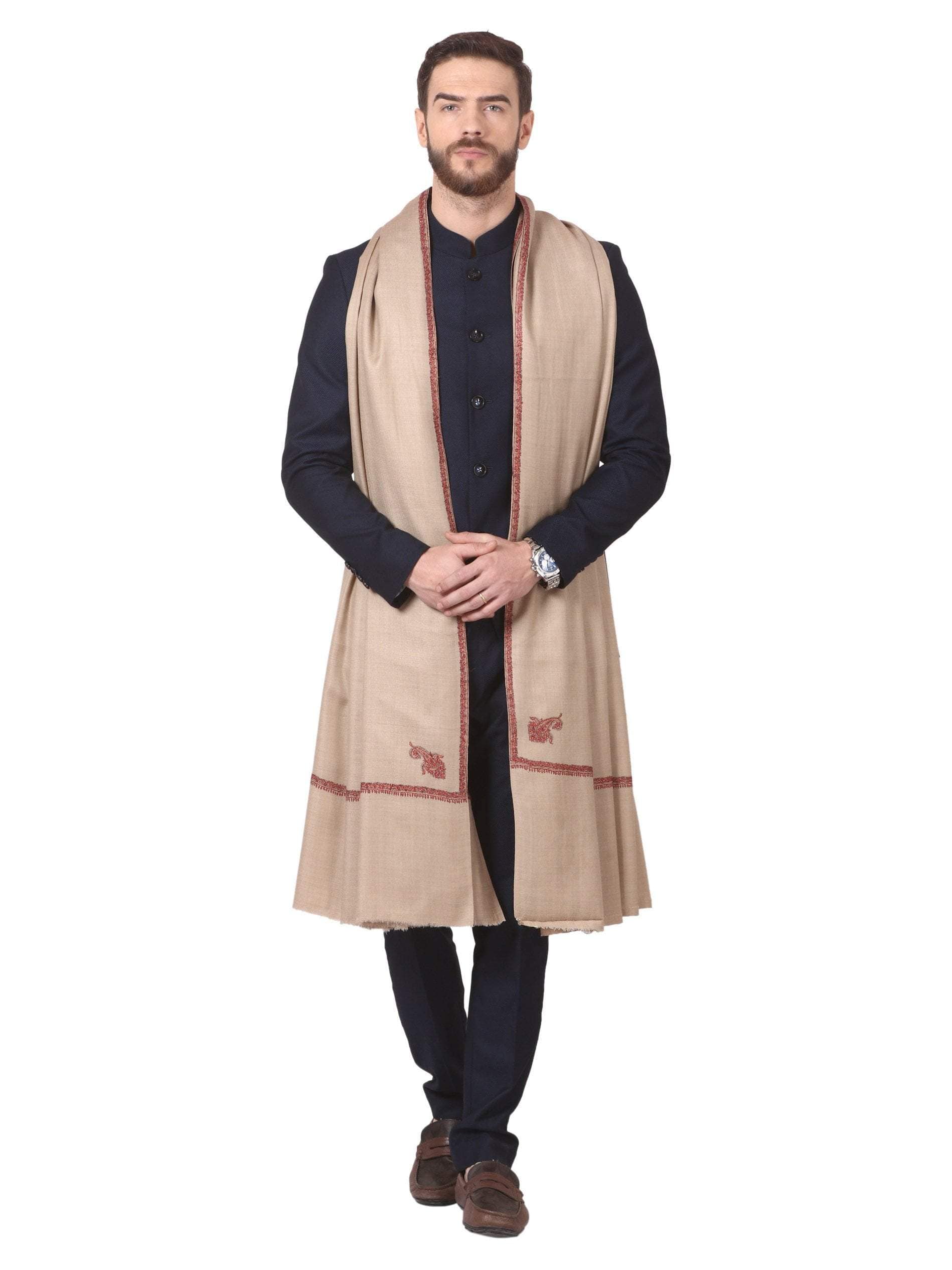Pashtush India 127x254 Pashtush Mens Hand Embroidery Shawl, Woollen Shawl with Kashmiri Kingri Design Embroidery Full Size (Beige)