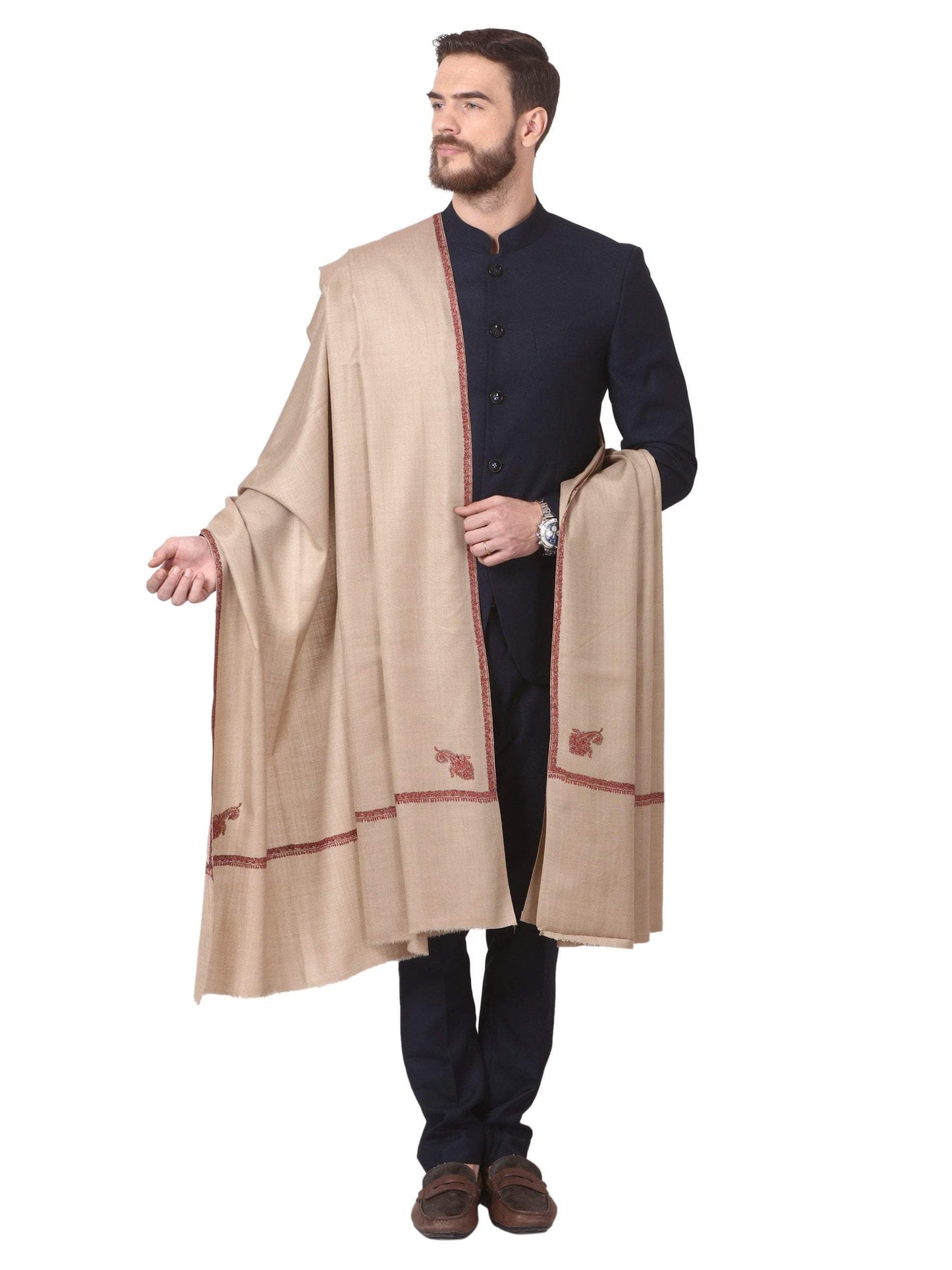 Pashtush India 127x254 Pashtush Mens Hand Embroidery Shawl, Woollen Shawl with Kashmiri Kingri Design Embroidery Full Size (Beige)