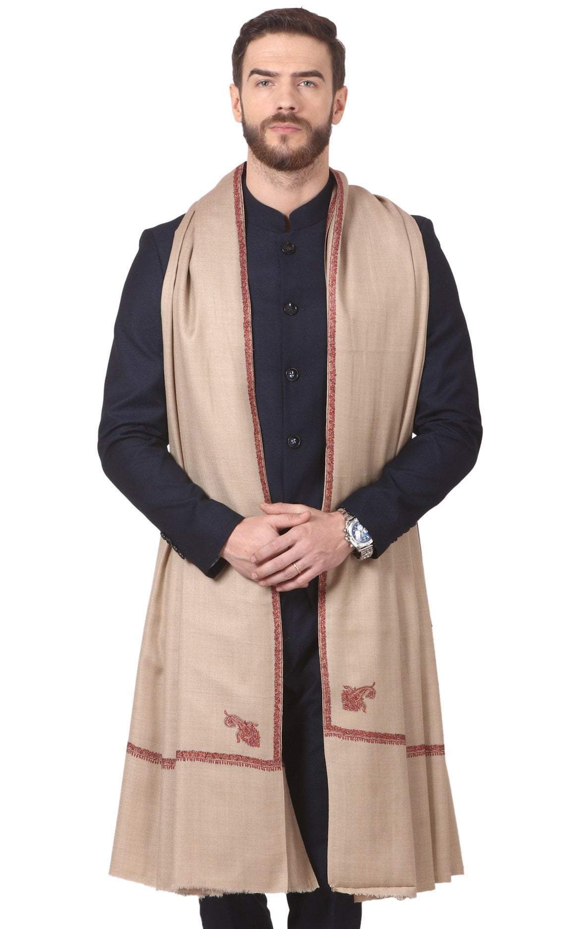 Pashtush India 127x254 Pashtush Mens Hand Embroidery Shawl, Woollen Shawl with Kashmiri Kingri Design Embroidery Full Size (Beige)