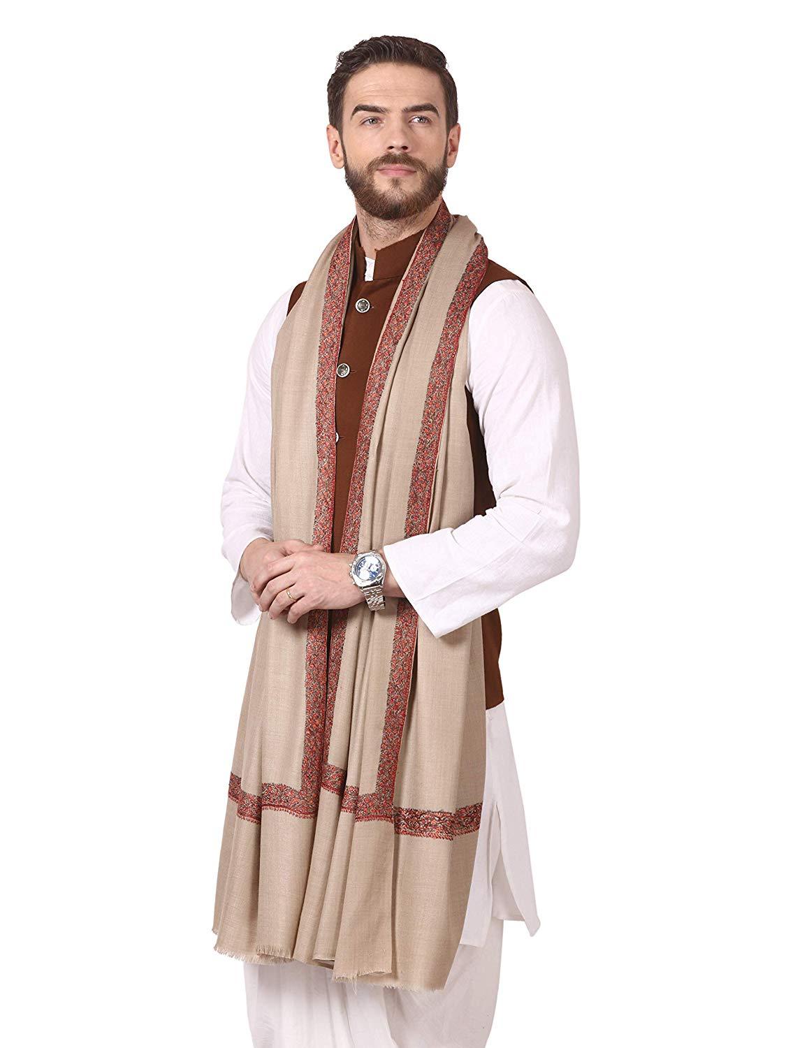 Pashtush Shawl Store Shawl Pashtush Mens Hand Embroidery Woolen Neemdaur Shawl, Lohi (Beige, Medium)