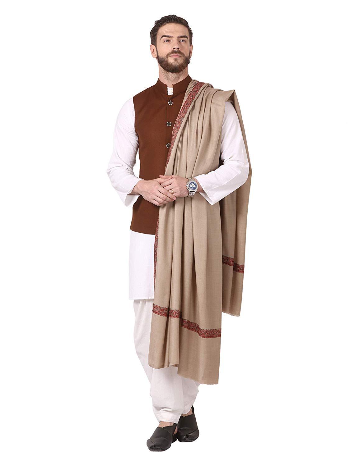 Pashtush Shawl Store Shawl Pashtush Mens Hand Embroidery Woolen Neemdaur Shawl, Lohi (Beige, Medium)