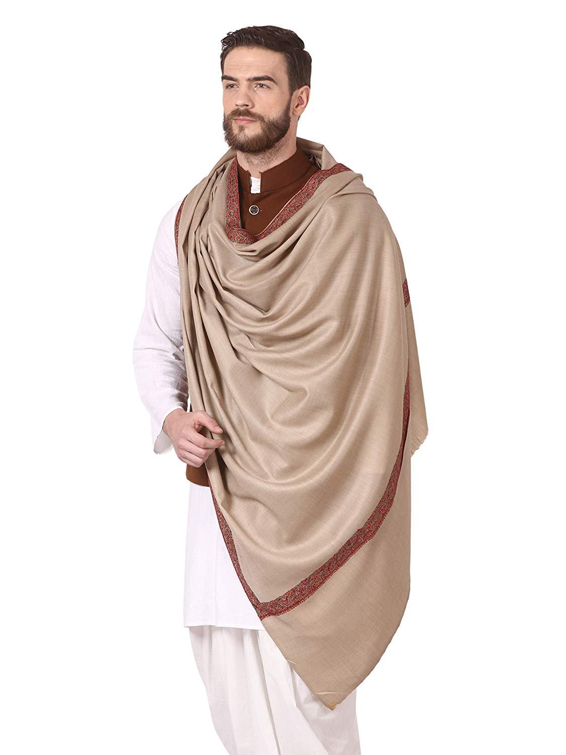 Pashtush Shawl Store Shawl Pashtush Mens Hand Embroidery Woolen Neemdaur Shawl, Lohi (Beige, Medium)